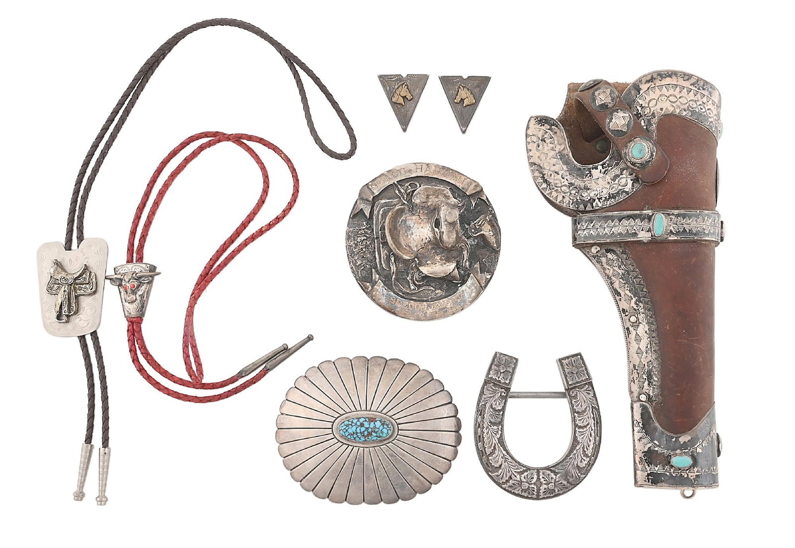 LOT OF 6: MISCELLANEOUS FRED HARMAN STERLING SILVER ITEMS: Lot consists of: (A) Silver and turquoise trimmed small frame revolver holster by Colorado Saddlery. (B) Large engraved silver floral pattern belt buckle. (C) Hand engraved horse head sterling collar