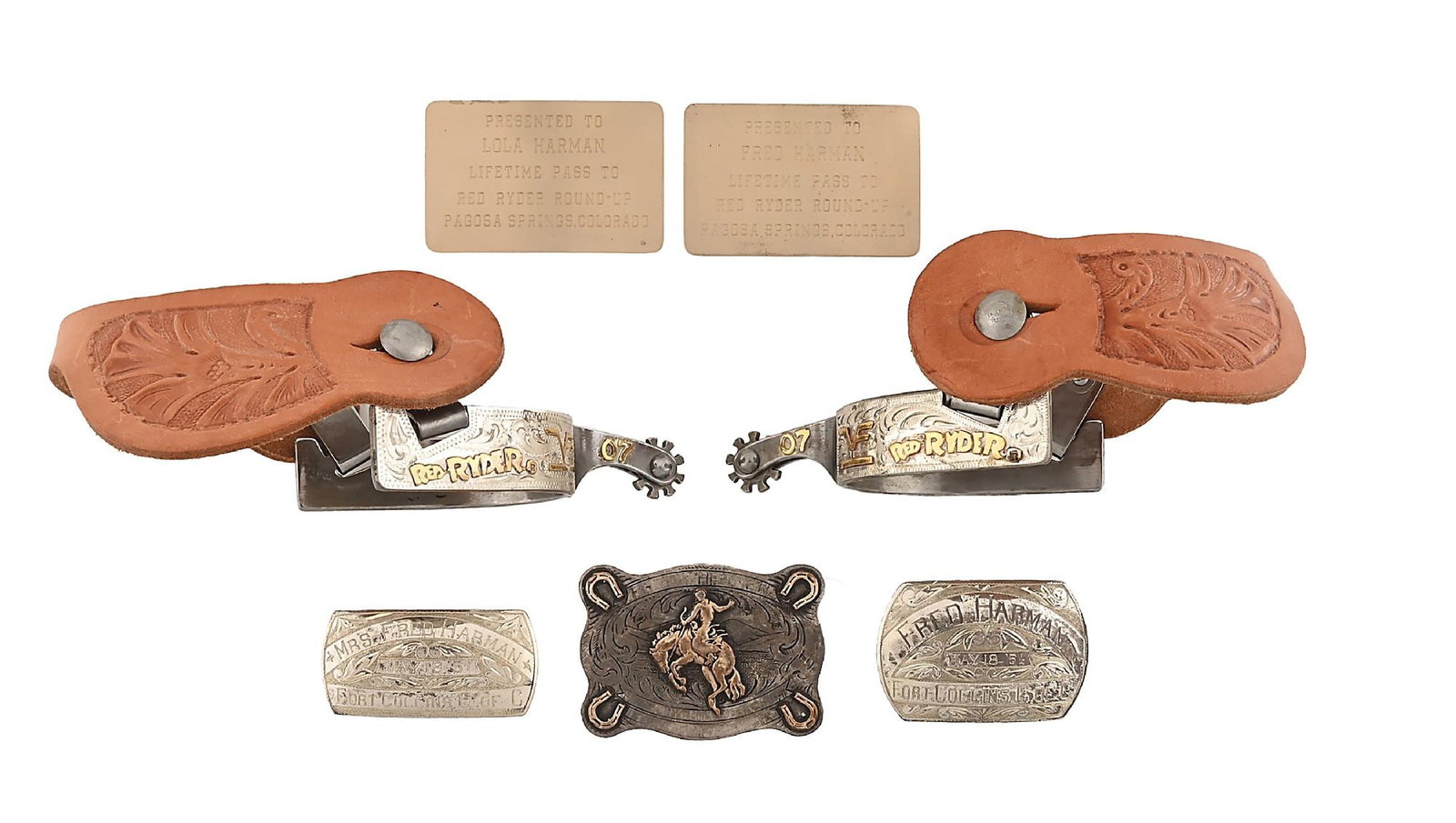LOT OF 6: FRED HARMAN MISCELLANEOUS STERLING SILVER ITEMS: Lot consists of: (A) Pair of silver buckles presented to Mr. and Mrs. Fred Harman from the Fort Collins Chamber of Commerce in 1951. Marked to reverse: Ricardo / STERLING. (B) Brass pair of lifetime