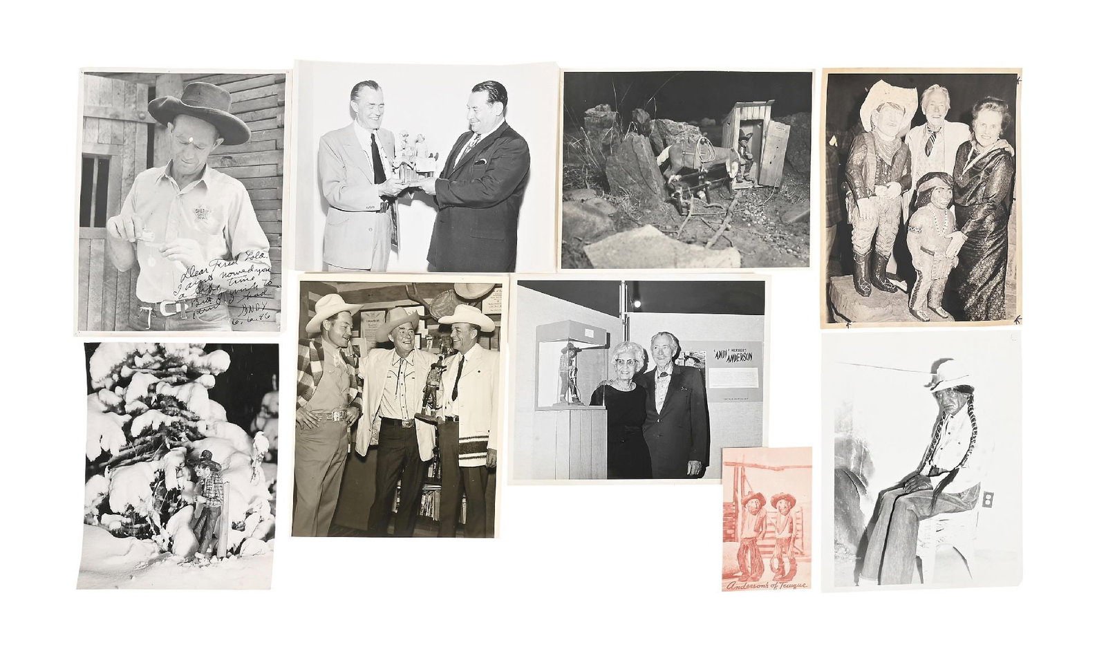 LOT OF 9: ANDY ANDERSON PHOTOS & POSTCARD: Still publicity photos of Andy Anderson carvings. One photo is inscribed to Fred and Lola Harman from Andy Anderson, dated 6-6, 1946, and has a small hole in top-third of the image. Provenance Fred Ha