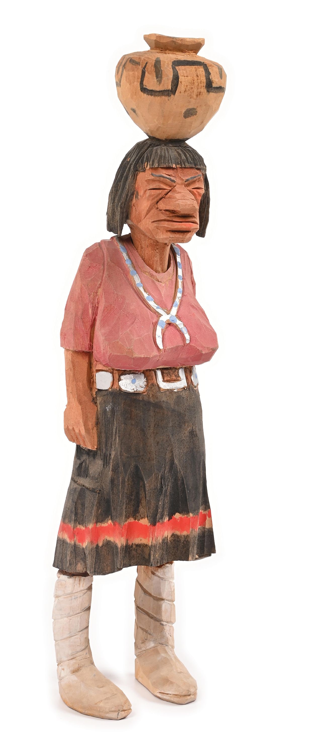 ANDY ANDERSON WOOD CARVING “NATIVE AMERICAN WOMAN WITH POT": C. 1950s. In excellent condition with strong original colors. Figure signed on back by artist. 3" W x 13-1/4" H. Dimensions: 13 - 1/2" T.