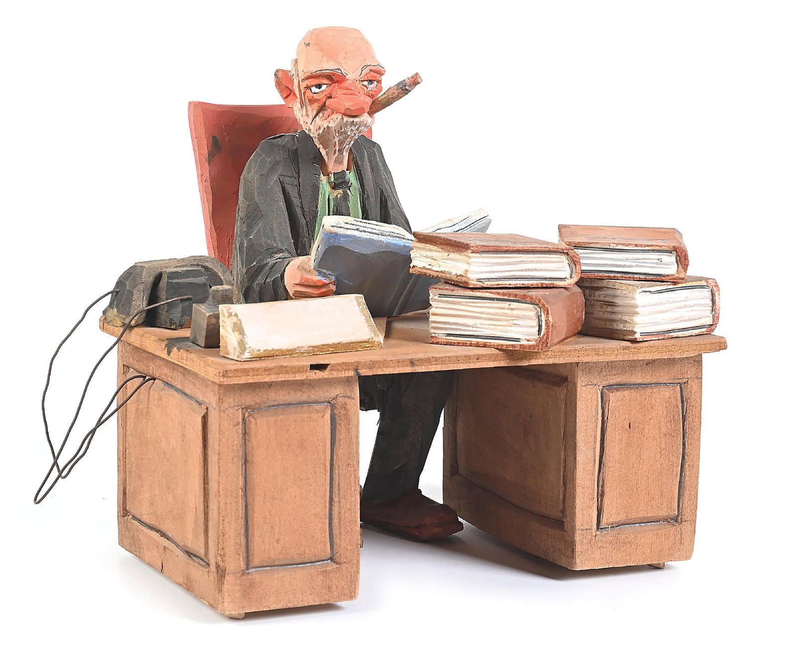ANDY ANDERSON WOOD CARVING “THE BANKER”: C. 1950s. Complete and in excellent condition. Original colors are still vibrant. Signed on side of seated figure by artist. 8" W x 8" L x 7-3/4" H. Dimensions: 8" x 7" x 7 - 3/4".