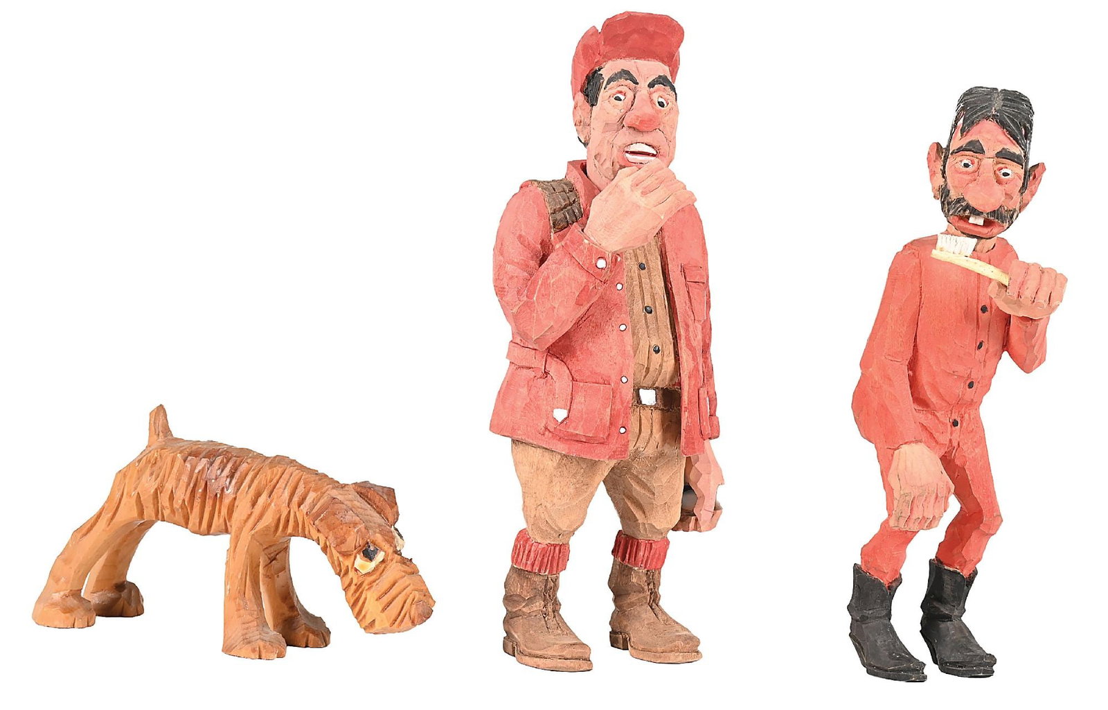 LOT OF 3: ANDY ANDERSON HAND-CARVED WOOD FIGURES: Figures of hunter, man brushing teeth, and dog. Dimensions: Largest: 5 - 3/4" x 4" x 8 - 3/4".