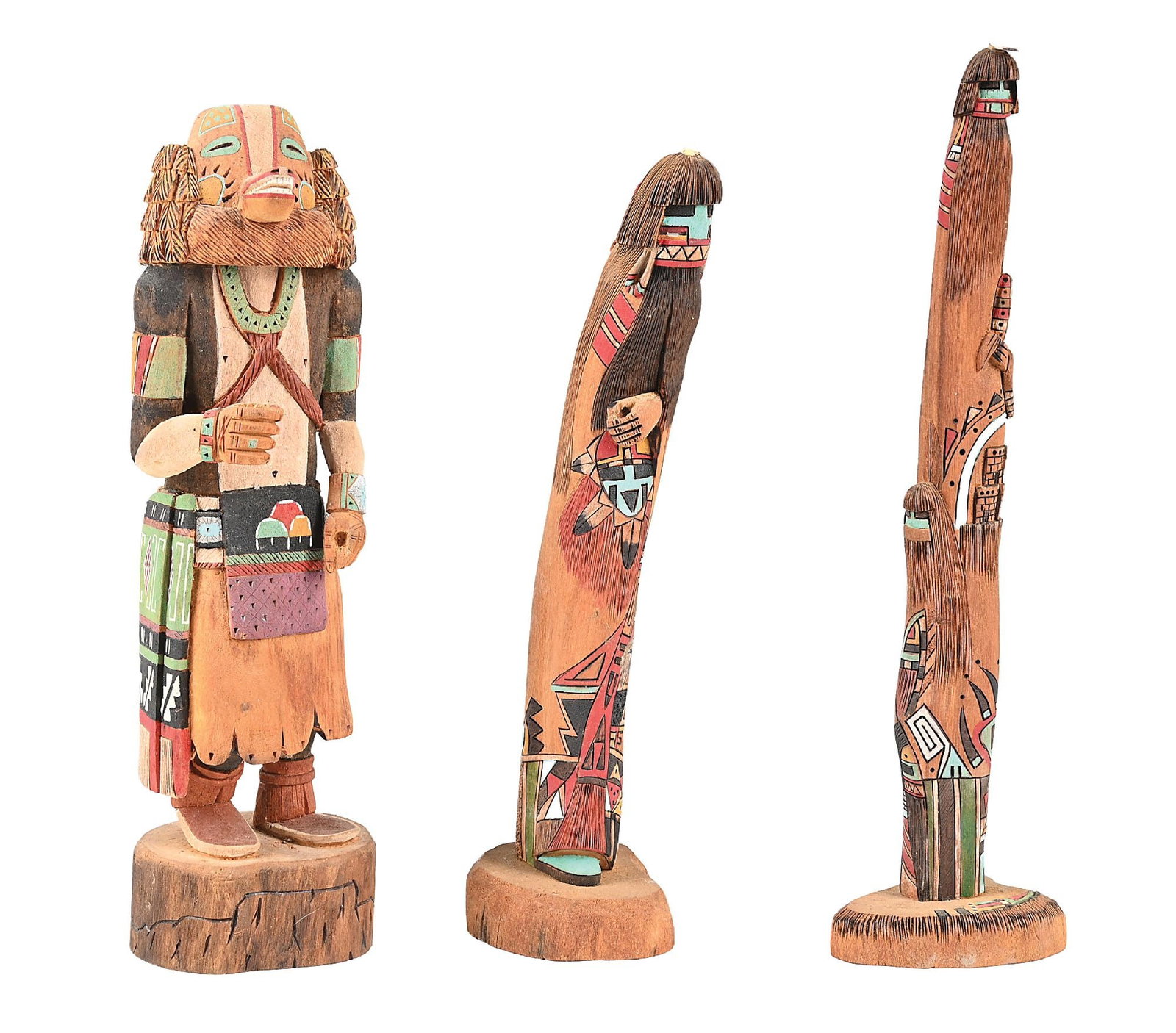 LOT OF 3: HOPI KACHINA (KATSINA) CARVINGS: (A) "Badger" and "Alton Pashano / Hopi" incised on bottom. 14" H Condition: Feathers on head are missing. (B) "Heoto Taka" and "Richard Dewakuku / Hopi" incised on bottom. 13-3/4" H Condition: