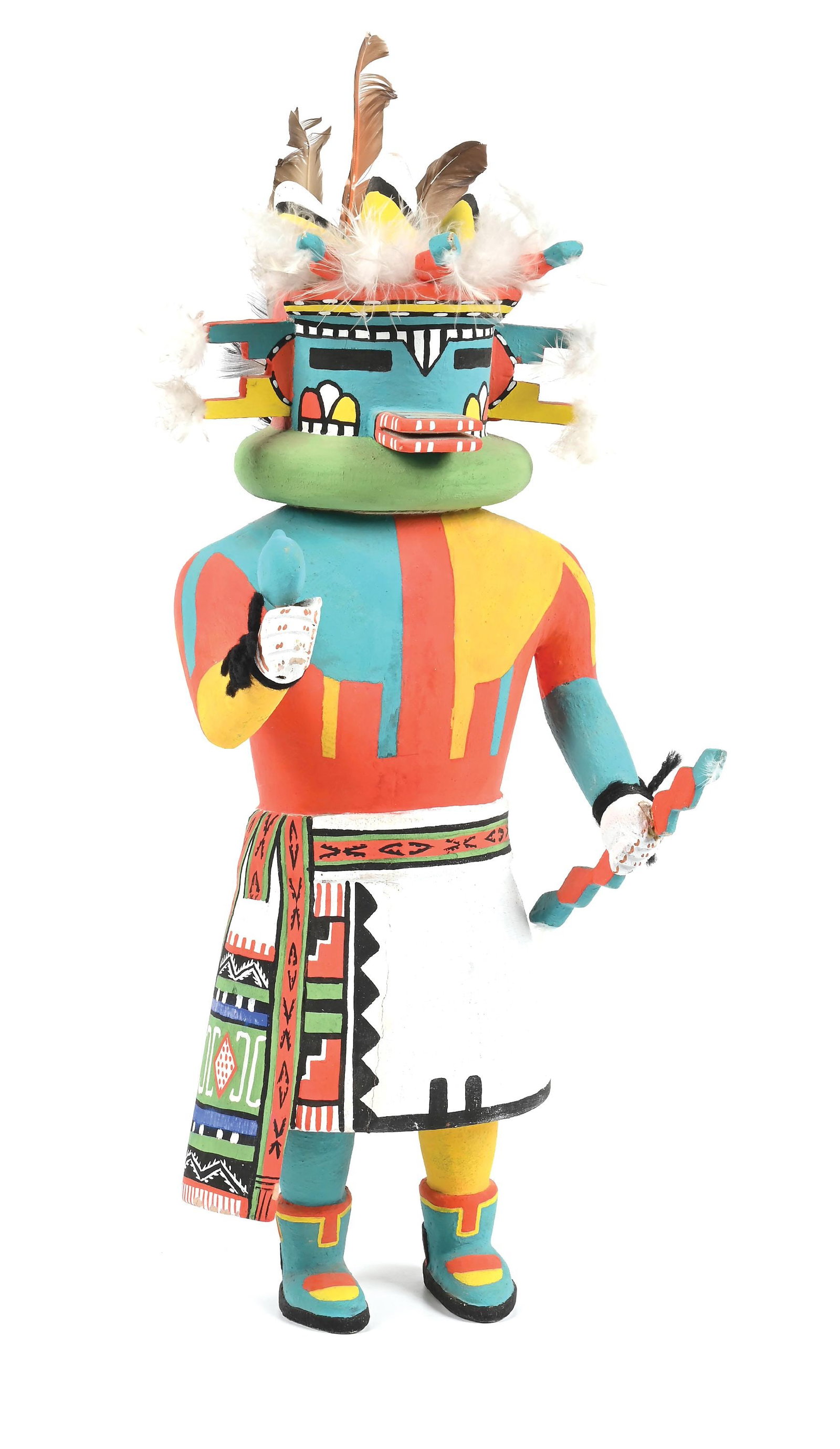 LARGE HOPI KACHINA (KATSINA): Circa 1970s. Holding a rattle and a lightning bolt. Overall finely painted with feather adornment. 8-1/4" L x 7-3/4" D x 18-1/2" H Colors: white, turquoise, green, yellow, orange, blue Provenance: