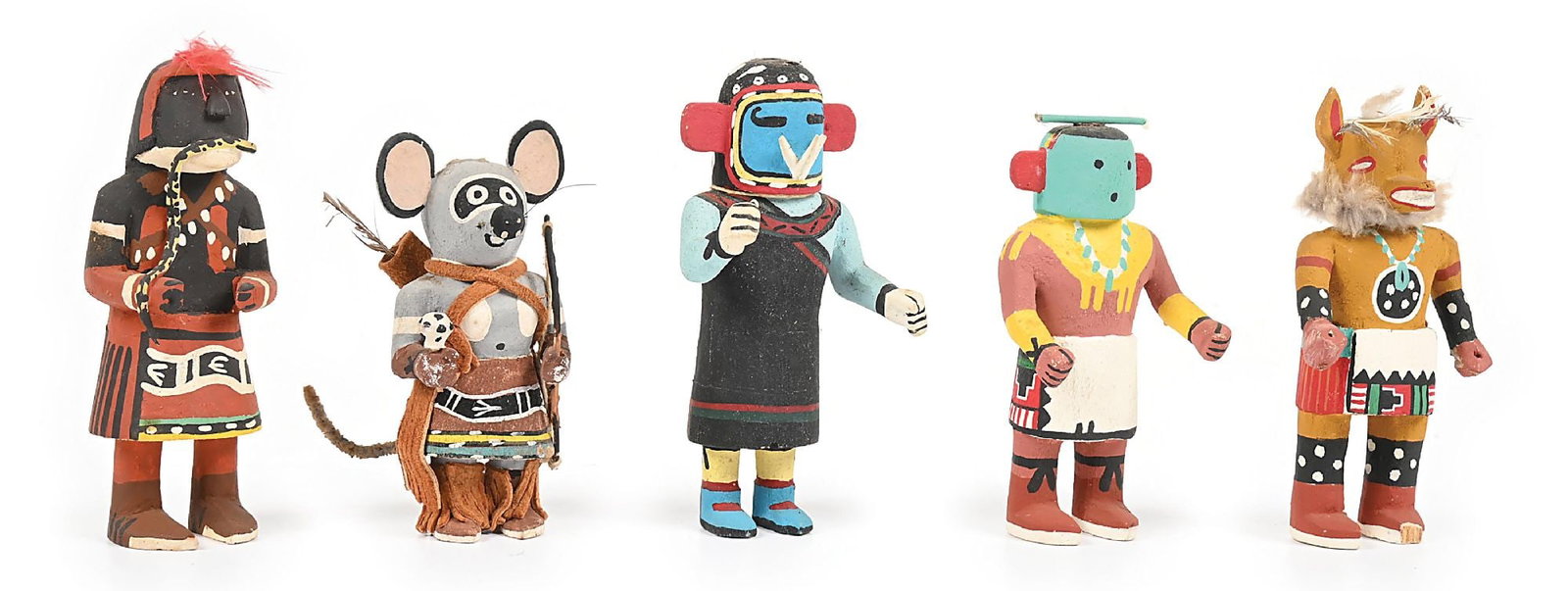 LOT OF 5: MINIATURE HOPI KACHINA (KATSINA) CARVINGS: Circa 1970s. Including Snake Dancer, Mouse, Wolf, and two other figures. Two have original tag still attached, one reading "Ota-Skirt Man / Wears Woman's Dress, Appears in Mixed Dance / Made by Bryan