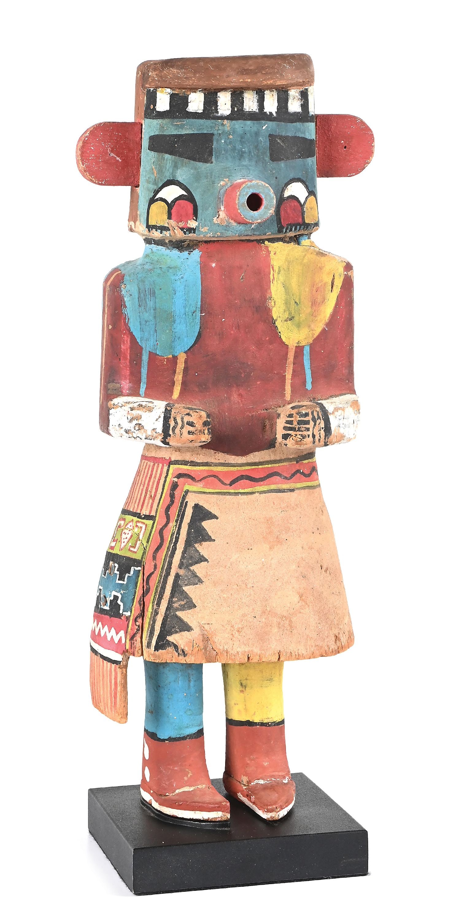 HOPI KACHINA: Circa 1930-1940. A large size with turquoise case mask with rain clouds on each cheek and tubular mouth. 18-1/2" H Dimensions: 7" x 5" x 18 - 1/2".
