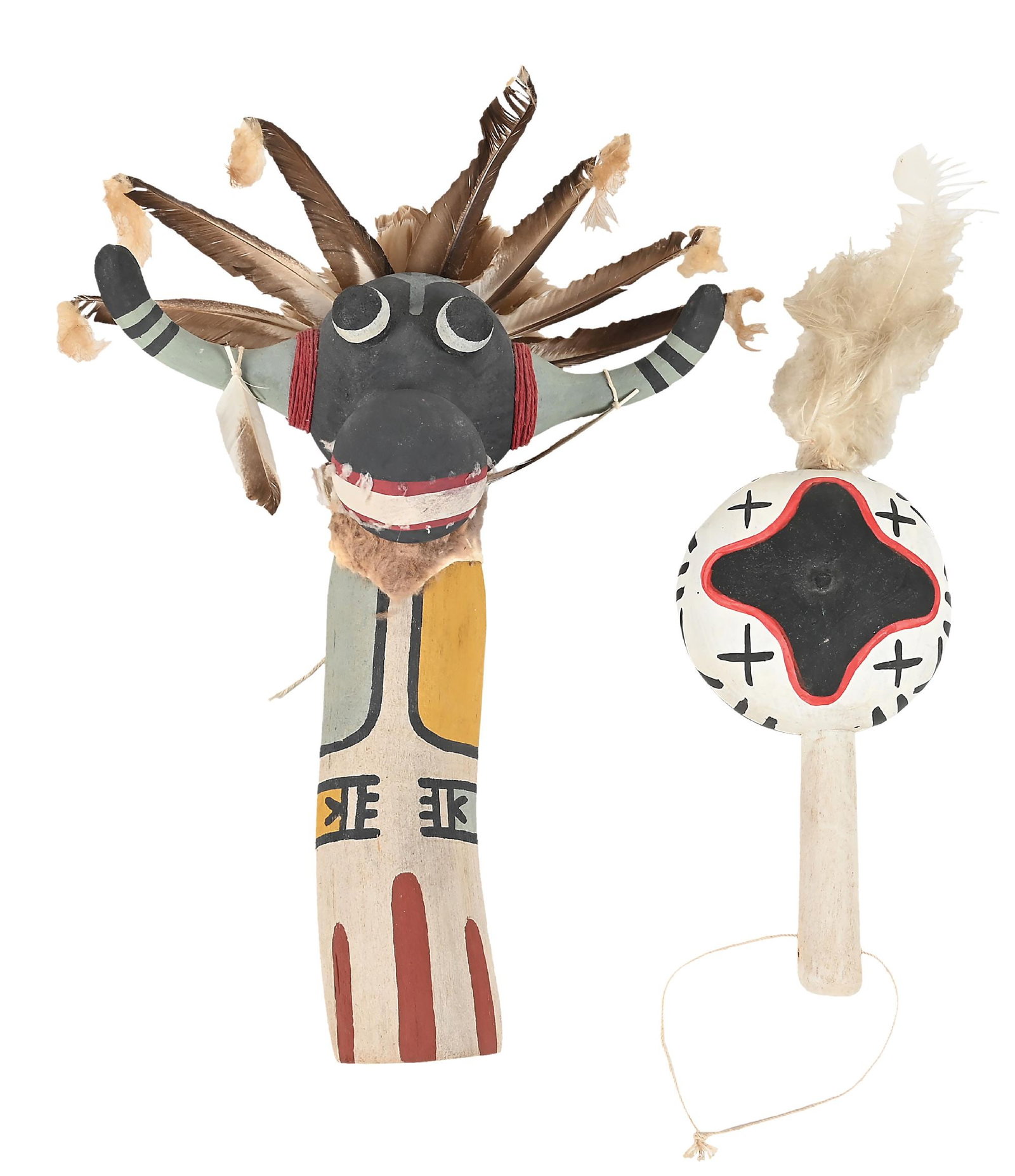 LOT OF 2: HOPI KACHINA (KATSINA) & RATTLE: Contemporary. Each comprised of gourd, cotton, wood root, and feathers. Dimensions: Largest: 18" T.