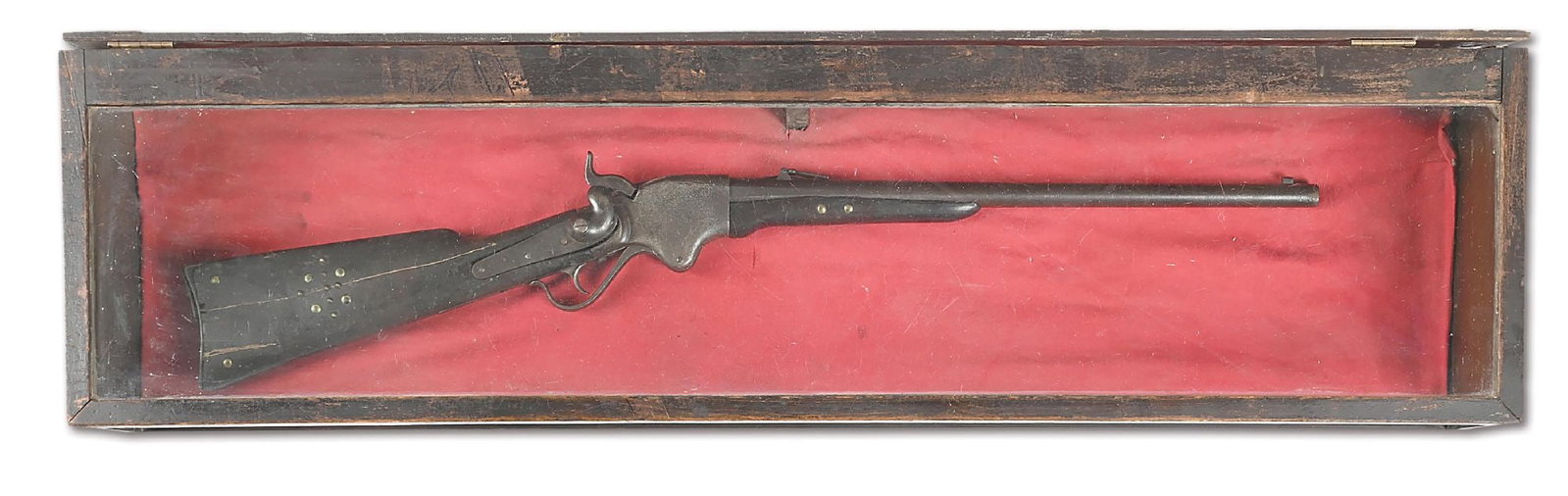 (A) CAPTURED INDIAN DECORATED SPENCER MODEL 1860 REPEATING CARBINE WITH DISPLAY CASE.: This is a standard carbine retaining the original folding ladder rear sight and post front sight. The saddle ring is missing as is the rear swivel. Still retains the loading tube butt plate. This
