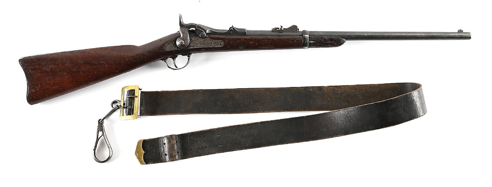 (A) DOCUMENTED "SHE WORE A YELLOW RIBBON" USED SPRINGFIELD 1873 TRAPDOOR CARBINE.: Originally manufactured in the first quarter of 1878. Several carbines in the 75,000-76,000 range are documented to the 9th Cavalry, African American "Buffalo Soldiers" then in service in the Apache