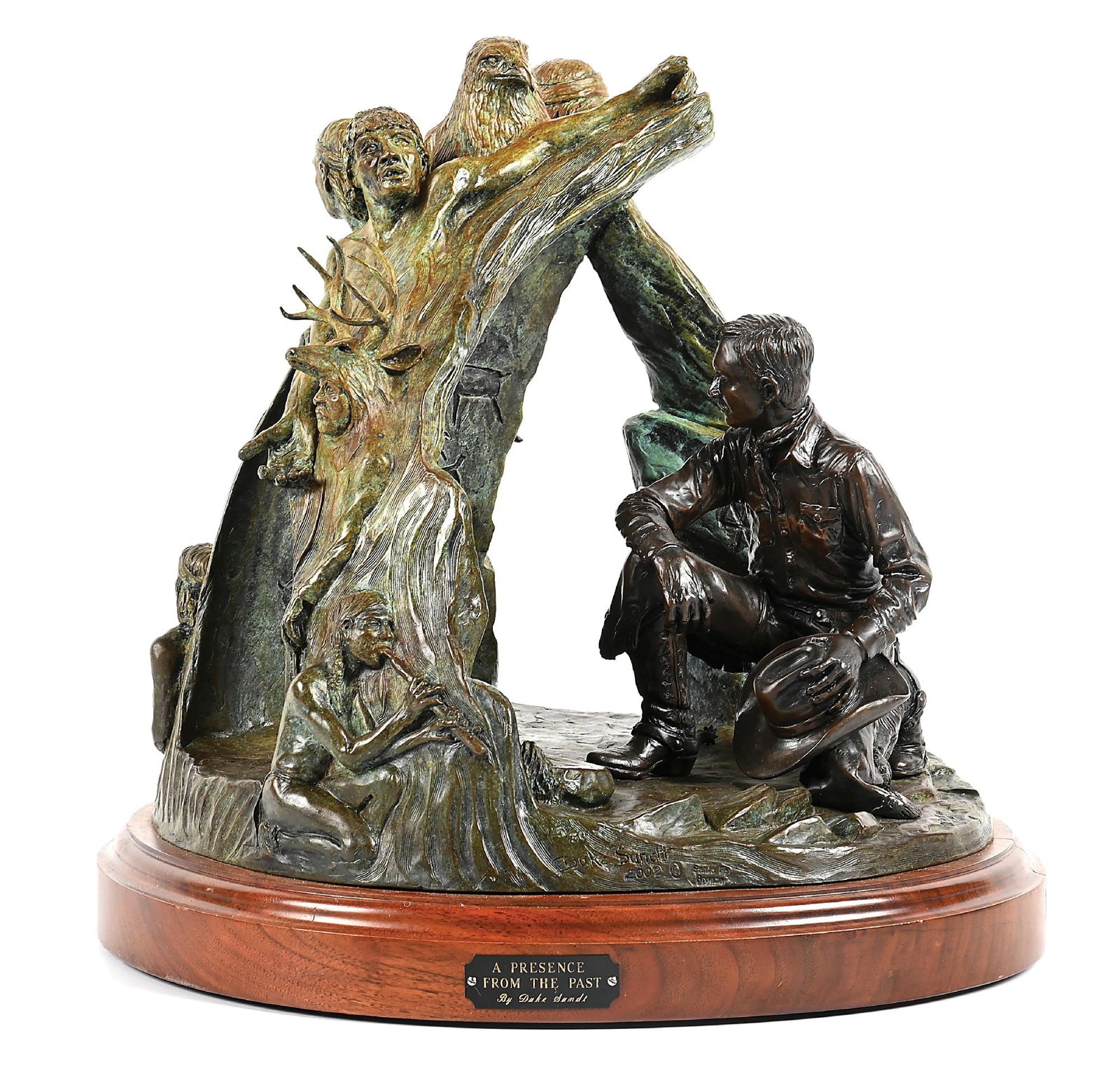 DUKE SUNDT (B. 1948): A Presence from the Past bronze with brown and green patina 15" L x 15-1/2" W x 15" H with stand: 17" H signed at the bottom "Duke Sundt, 15/30". Dimensions: 15" x 15 - 1/2" x 14".