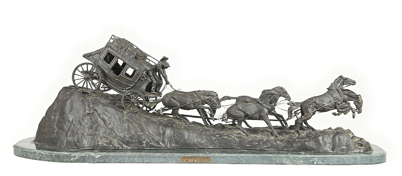 CHARLES RUSSELL (1864-1926), AFTER: Stagecoach bronze sculpture on marble base 42" L x 18" W x 14" H with base: 46-1/2" L x 15-1/2" H signed "C. M. Russell" Stagecoach going down an incline. This is not a standard shippable item and