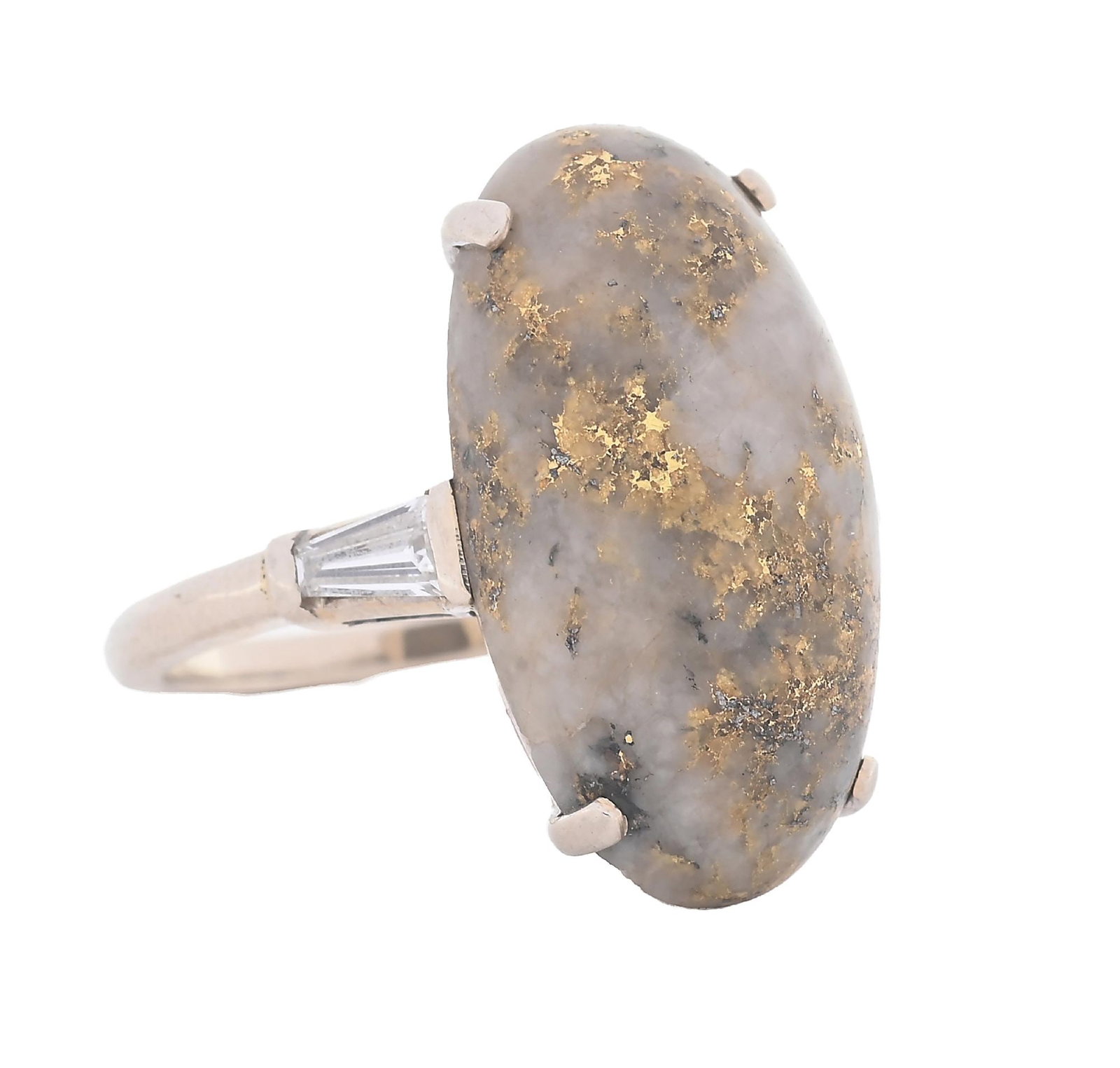 14K WHITE GOLD-QUARTZ & DIAMOND RING: 14k white gold diamond and gold-quartz cabochon ring. Oval gold quartz measures 23 x 12 mm, and is set with two near-colorless tapered baguette cut diamonds. Ring size is 9. Gross weight is 7.5