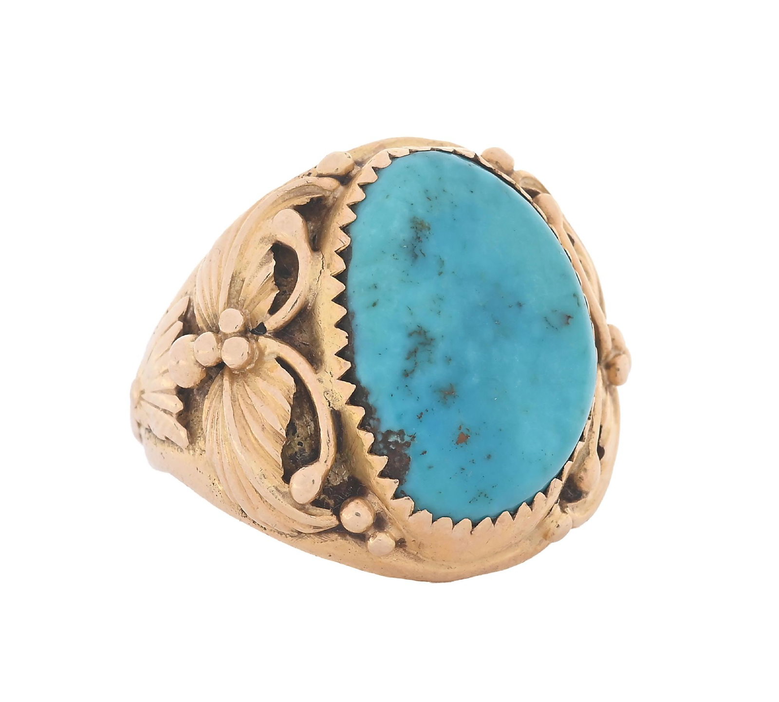 14K GOLD SIGNED NAVAJO TURQUOISE RING BY HARRY MARTINEZ: 14k yellow gold signed Navajo turquoise ring by Harry Martinez. Ring size is 8. Gross weight is 18.5 grams. Width at top measures 22mm. Marked "14K" & "HM". Condition: (Very Good-Excellent).