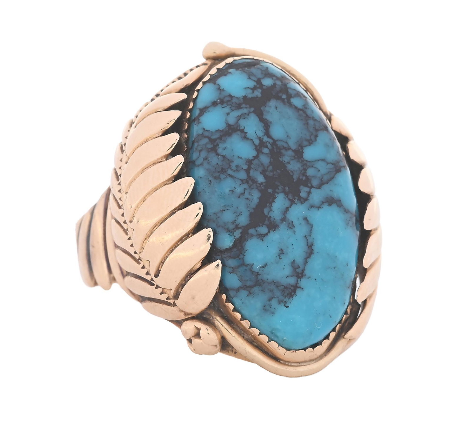 14K GOLD SIGNED NAVAJO TURQUOISE RING BY STEVE YELLOWHORSE: 14k yellow gold signed Navajo turquoise ring by Steve Yellowhorse. Ring size is 11-1/2. Gross weight is 24.2 grams. Width at top measures 31mm. Marked "14K" & "SY". Condition: (Very Good-Excellent).