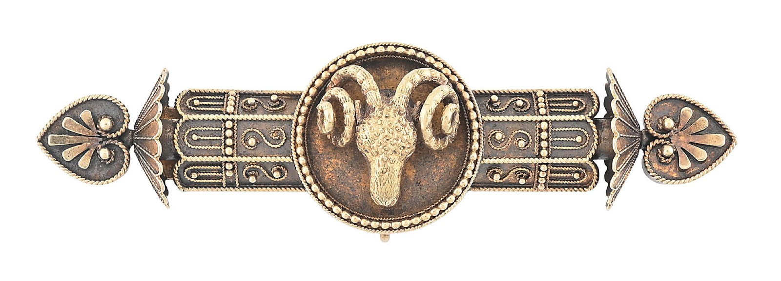 ANTIQUE 14K GOLD RAMS HEAD BROOCH: Antique 14k yellow gold ram's head brooch measuring 3" in length. Reverse has hook to hand a small watch or fob pendent. Gross weight is 13.5 grams. Unmarked. Tested electronically to be 14k. Wonderfu