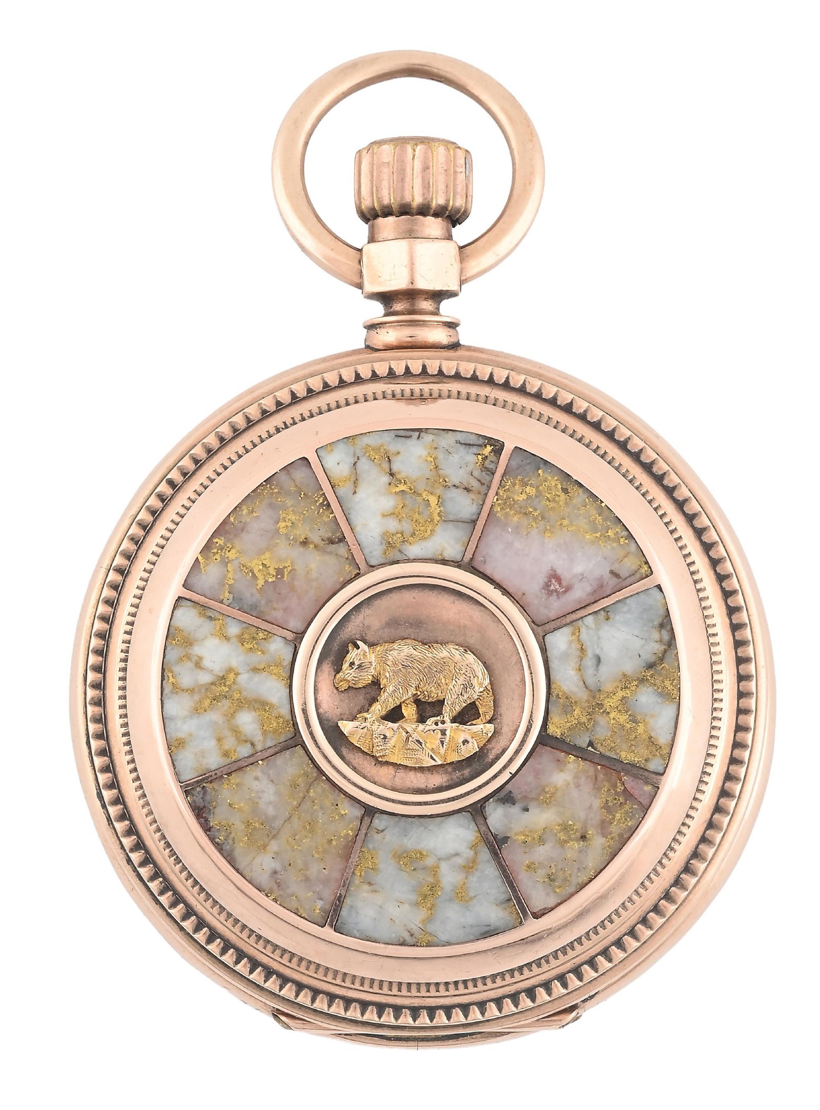 18K PINK WALTHAM CALIFORINA GOLD-QUARTZ H/C POCKET WATCH W/BEAR (1 of 8)