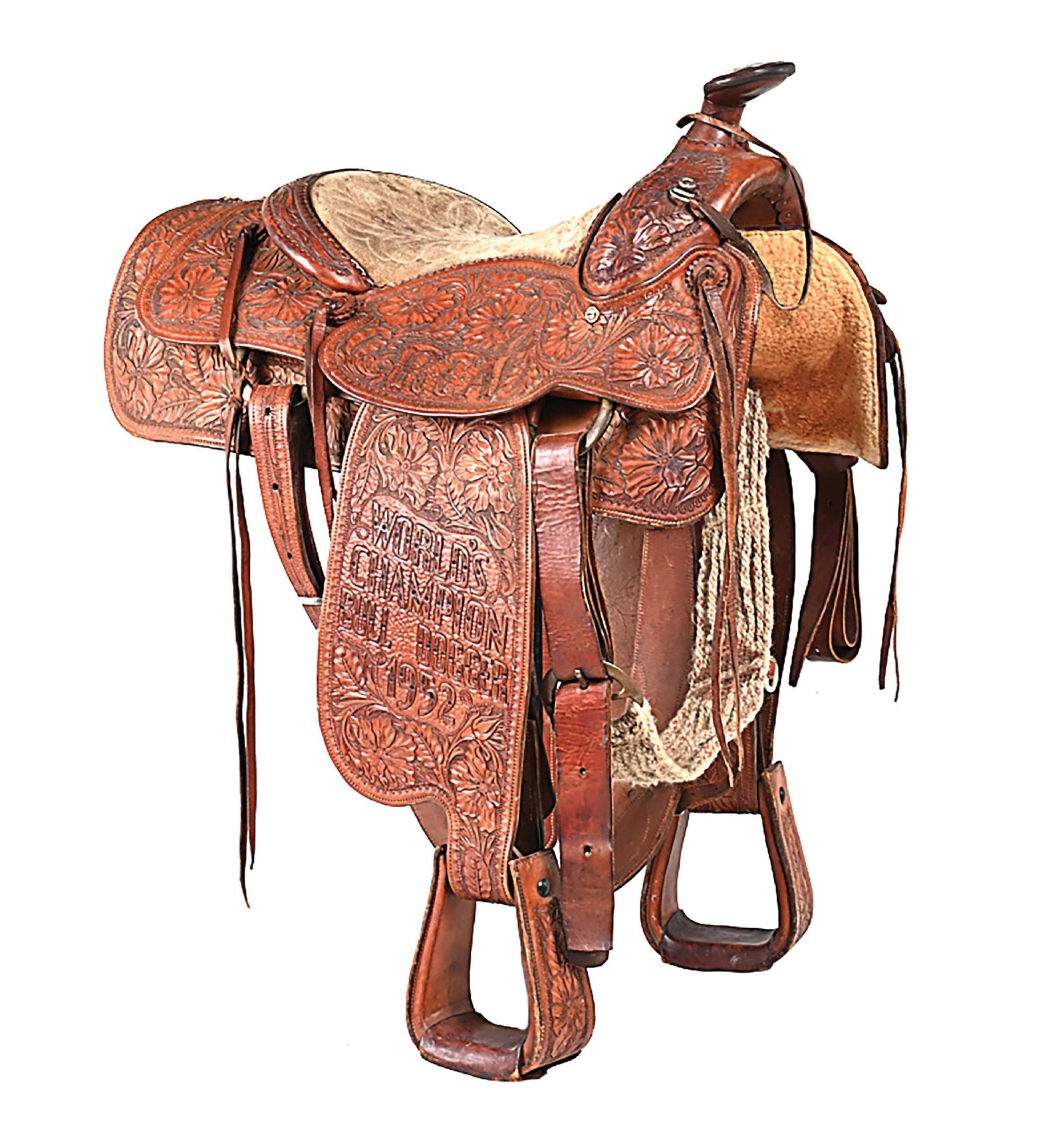 C. 1952 ROWELL SADDLE CO. HARLEY MAY WORLD CHAMPION TOOLED LEATHER FLORAL PATTERN SADDLE (1 of 10)