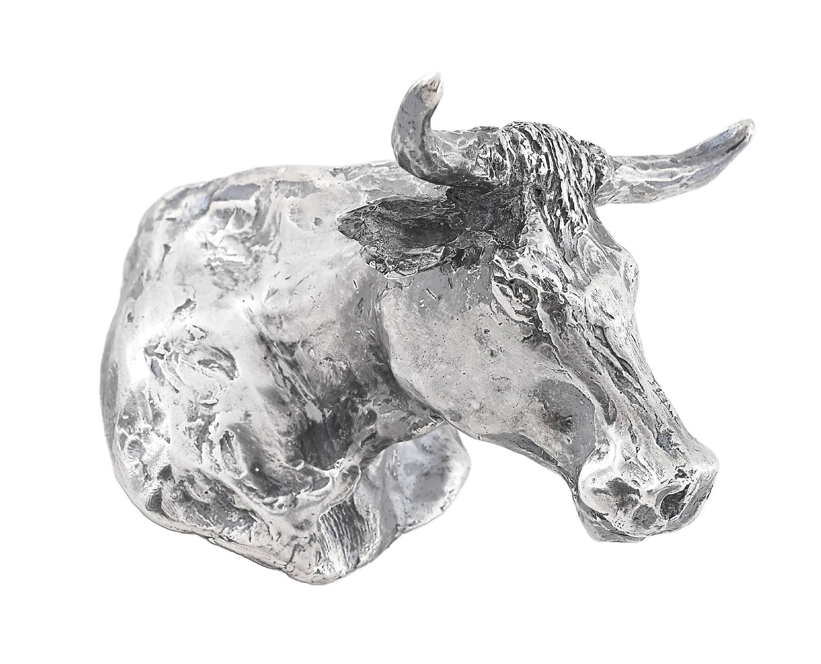 SOLID SILVER STEER HEAD PAPERWEIGHT: Oral history from consignor is that this made from damaged sterling trophy buckles and turned into this paperweight. Circa 1960s. Weight: 22.5oz. Provenance Ex. Harley May Dimensions: 3" x 4" x 3 -