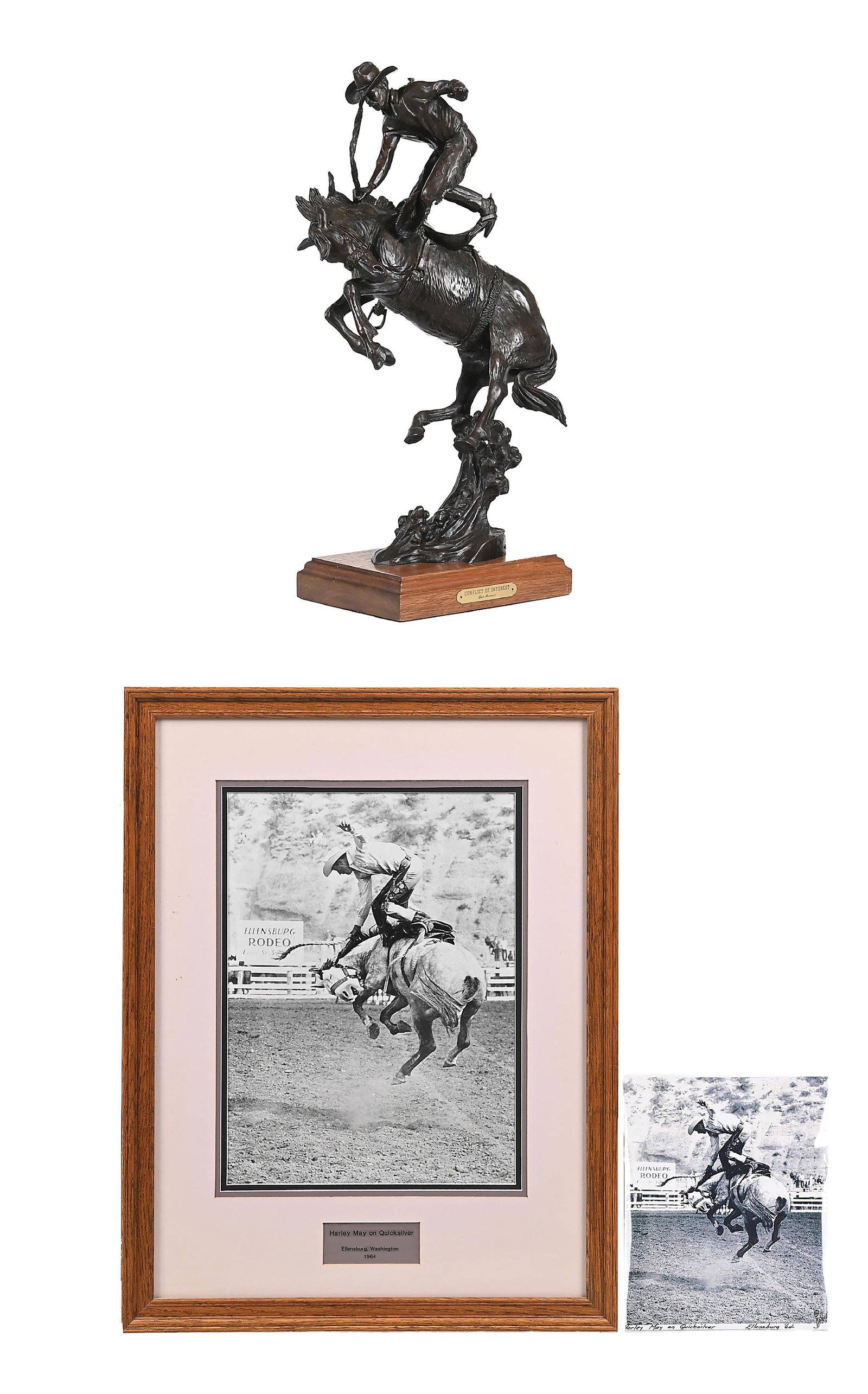 DON E. BERNARD (1937-2005): Conflict of Interest Bronze sculpture with dark brown patina Signed, titled on the plaque, and numbered 4/10 on base 12-1/2" x 9" x 21" Mounted on a beveled wooden stand Overall with base: 12-1/2" x