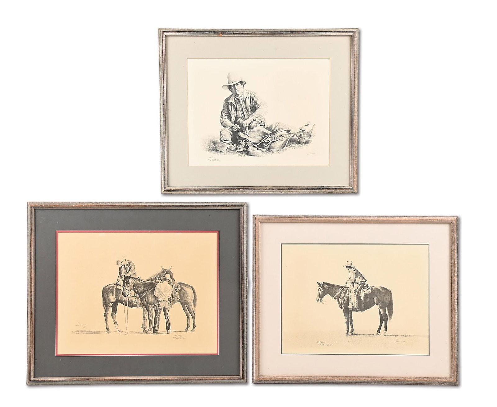 LOT OF 3: DAVID DEMATTEO (B. 1941): (A) Saddlin' Up pencil on paper 21 x 16-1/2in. framed: 29-1/2 x 24 1/4 in. signed lower right "DeMatteo", 107/250 (B) Ponderin' pencil on paper 19-1/2 x 14-1/2 in. framed: 27-1/2 x 22-1/2 in. Signed