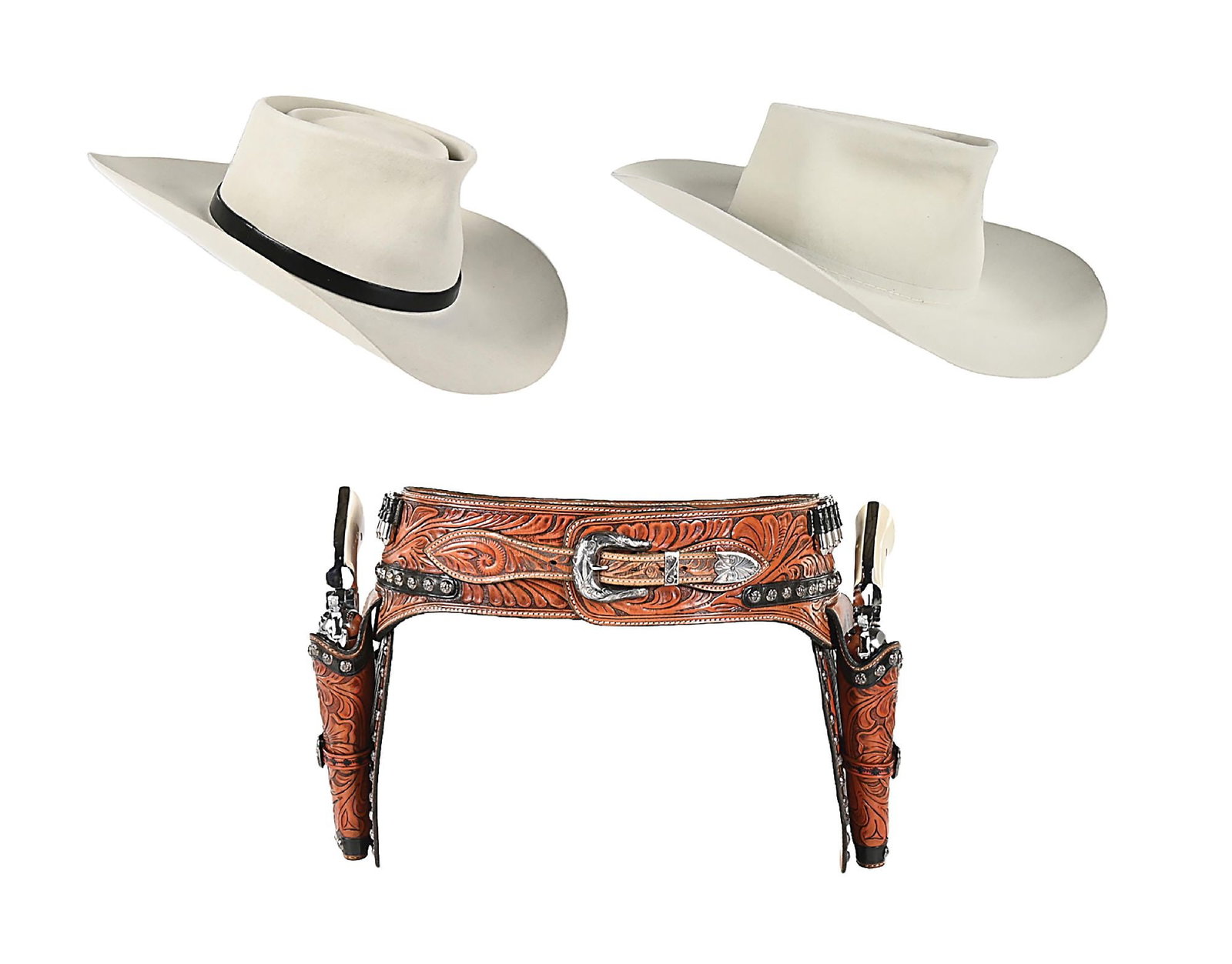(2) ROY ROGERS THEME RESISTOL WESTERN HATS, COLTS, & RIG: These Roy Rogers inspired items were once the property of Frank Calabrese who was inducted into the Cowboy Gun Spinning Hall of Fame in 2003. A proclaimed good will ambassador for the art of fancy