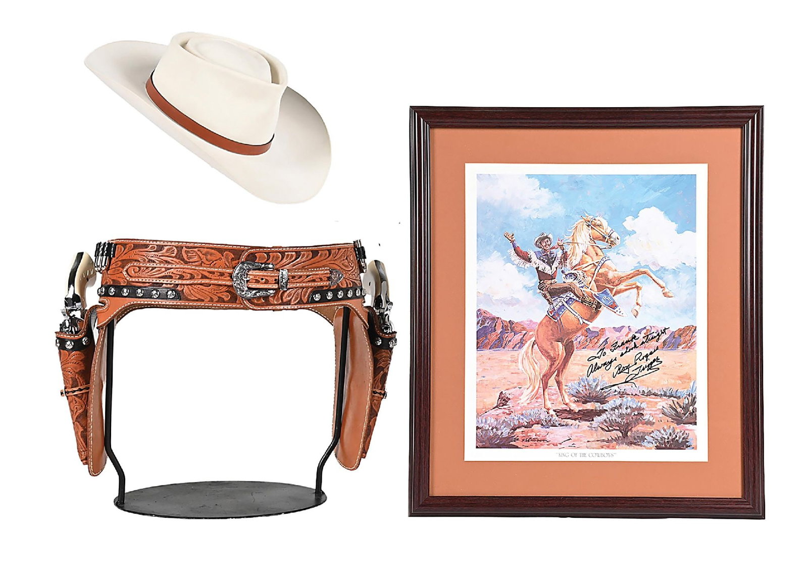ROY ROGERS THEME HAT, LITHOGRAPH, TWO COLTS, & RIG: These Roy Rogers inspired items were once the property of Frank Calabrese who was inducted into the Cowboy Gun Spinning Hall of Fame in 2003. A proclaimed good will ambassador for the art of fancy