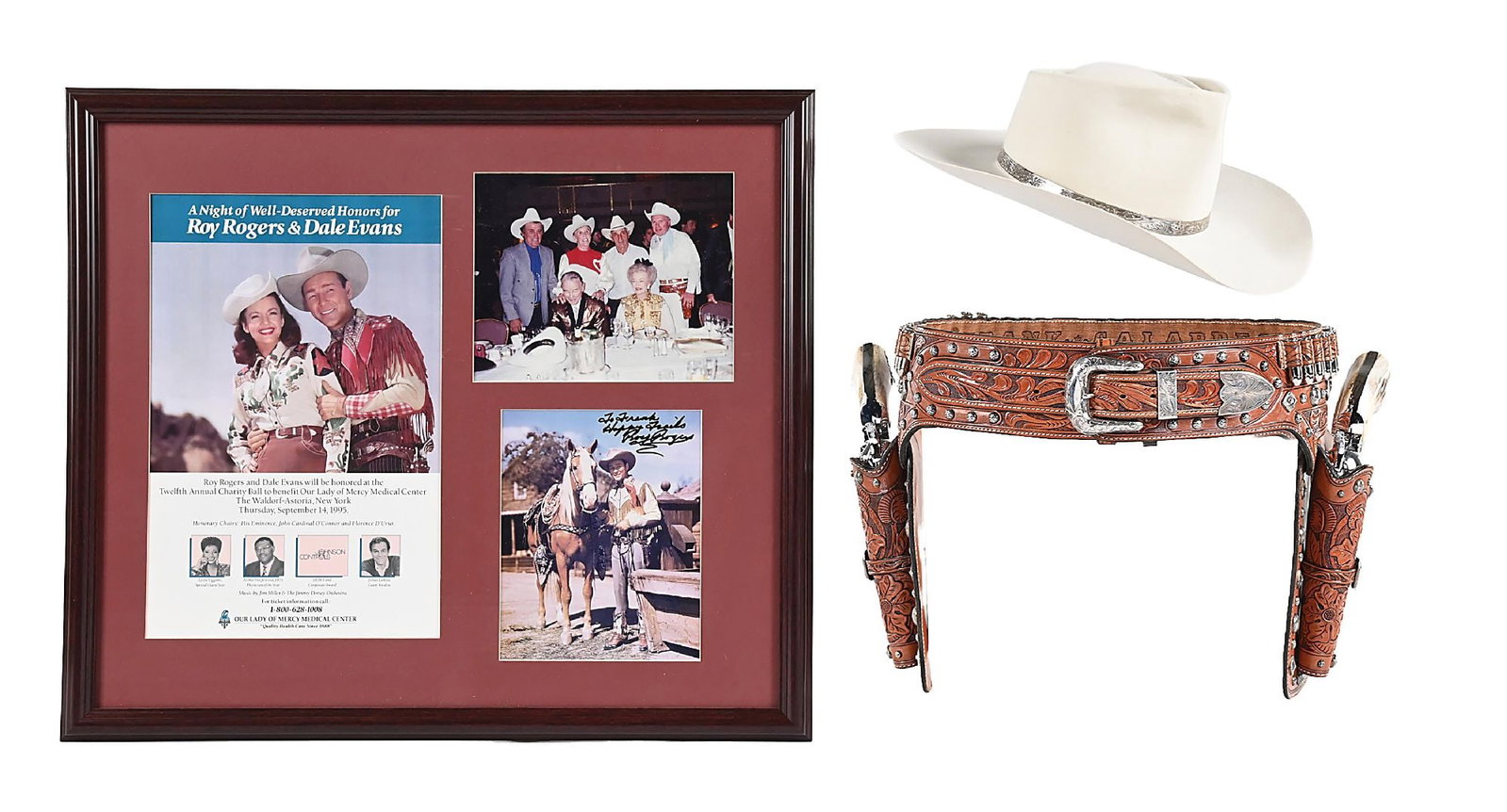 ROY ROGERS - DALE EVANS THEMED LOT, GUN RIG, FRAMED AUTOGRAPHED PHOTOS: These Roy Rogers Dale Evans inspired items were once the property of Frank Calabrese who was inducted into the Cowboy Gun Spinning Hall of Fame in 2003. A proclaimed good will ambassador for the art