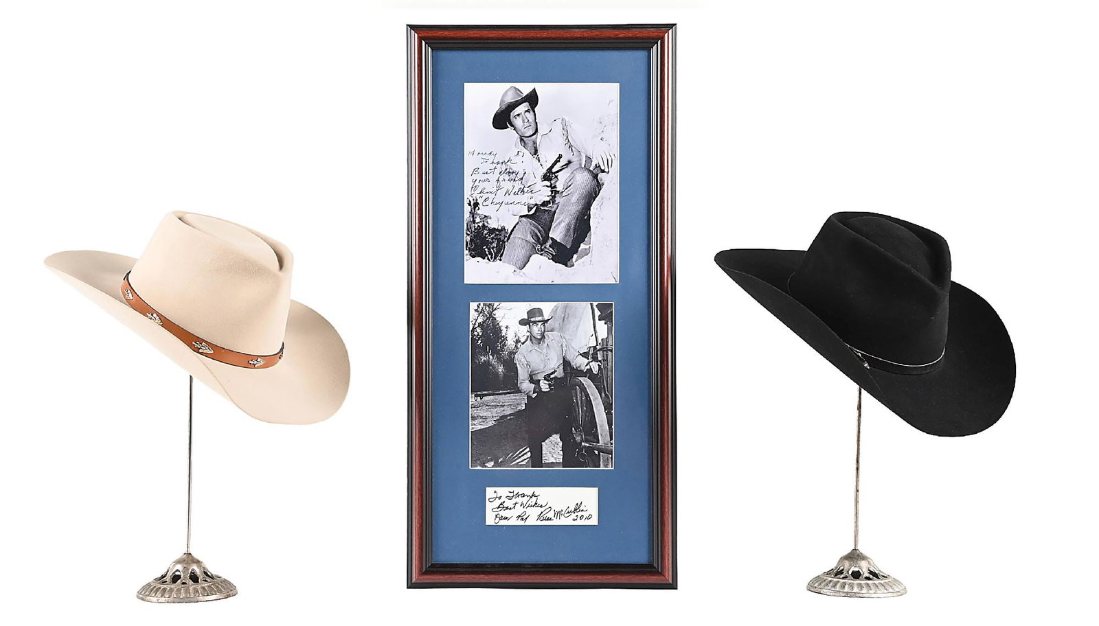 (2) CLINT WALKER CHEYENNE WESTERN STYLE STETSON HATS & AUTOGRAPHED PHOTOGRAPHS: This Clint Walker Cheyenne themed lot was once the property of Frank Calabrese who was inducted into the Cowboy Gun Spinning Hall of Fame in 2003. A proclaimed good will ambassador for the art of