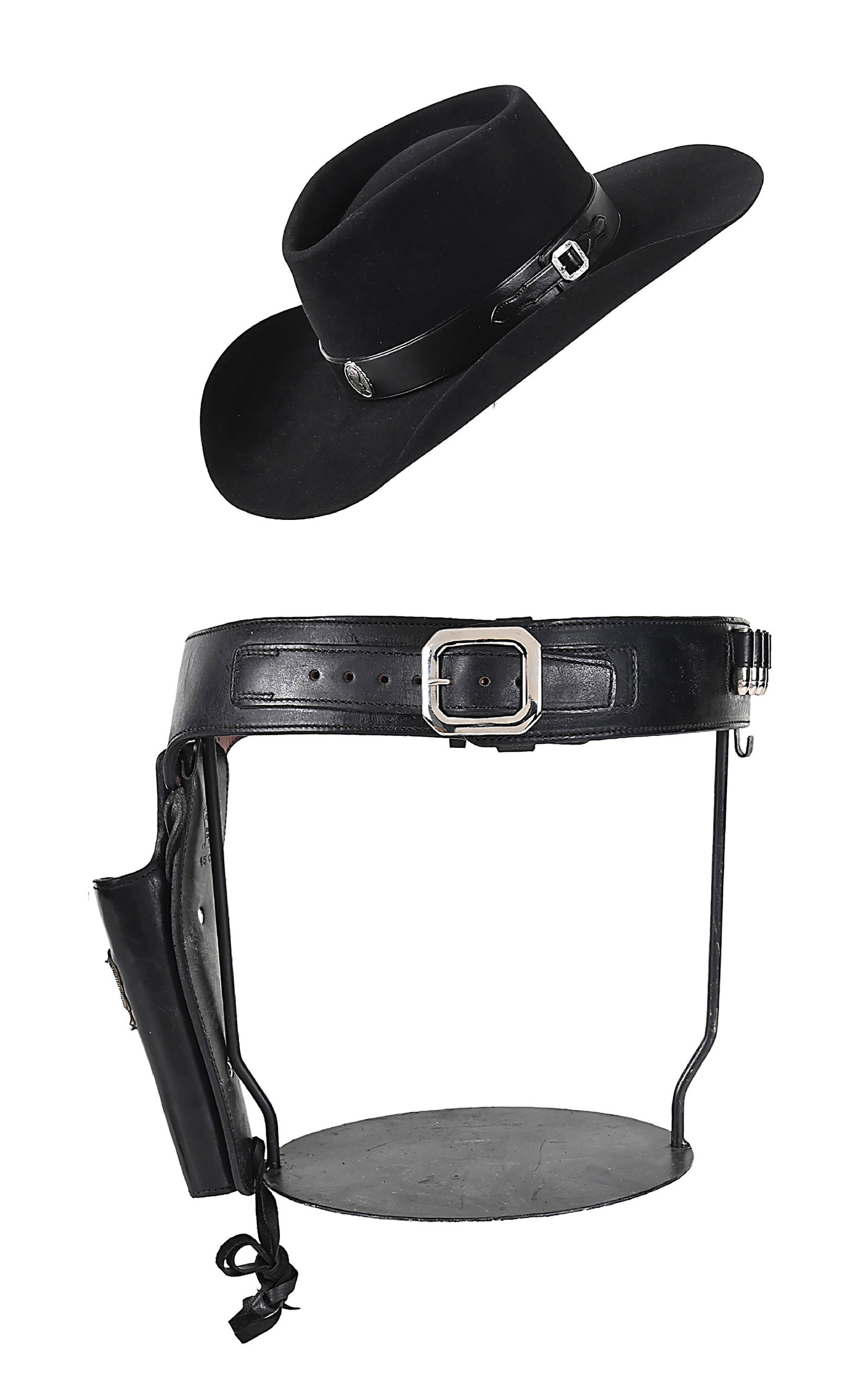 RICHARD BOONE PALADIN TELEVISION THEME LOT INCLUDING HOLSTER, BELT & HAT: These Paladin inspired items were once the property of Frank Calabrese who was inducted into the Cowboy Gun Spinning Hall of Fame in 2003. A proclaimed good will ambassador for the art of fancy