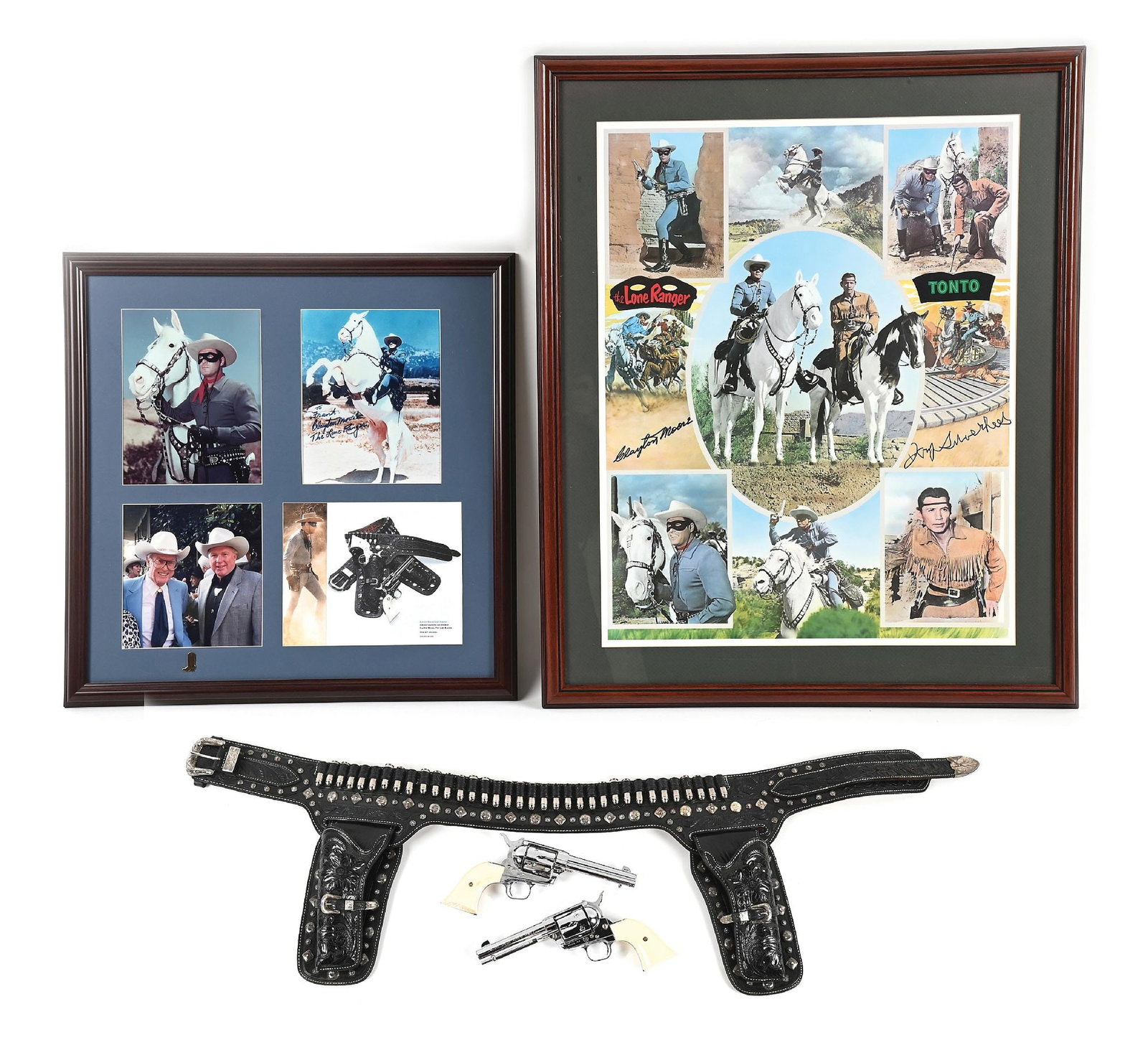 LONE RANGER LOT OF 2 COLTS, RIG, & 2 FRAMED AUTOGRAPHED PHOTOS: These Long Ranger inspired items were once the property of Frank Calabrese who was inducted into the Cowboy Gun Spinning Hall of Fame in 2003. A proclaimed good will ambassador for the art of fancy ha