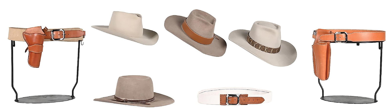 JOHN WAYNE INSPIRED WESTERN MOVIE-STYLE LOT OF (2) RIGS & (4) HATS: These high quality John Wayne inspired items were once the property of Frank Calabrese who was inducted into the Cowboy Gun Spinning Hall of Fame in 2003. A proclaimed good will ambassador for the