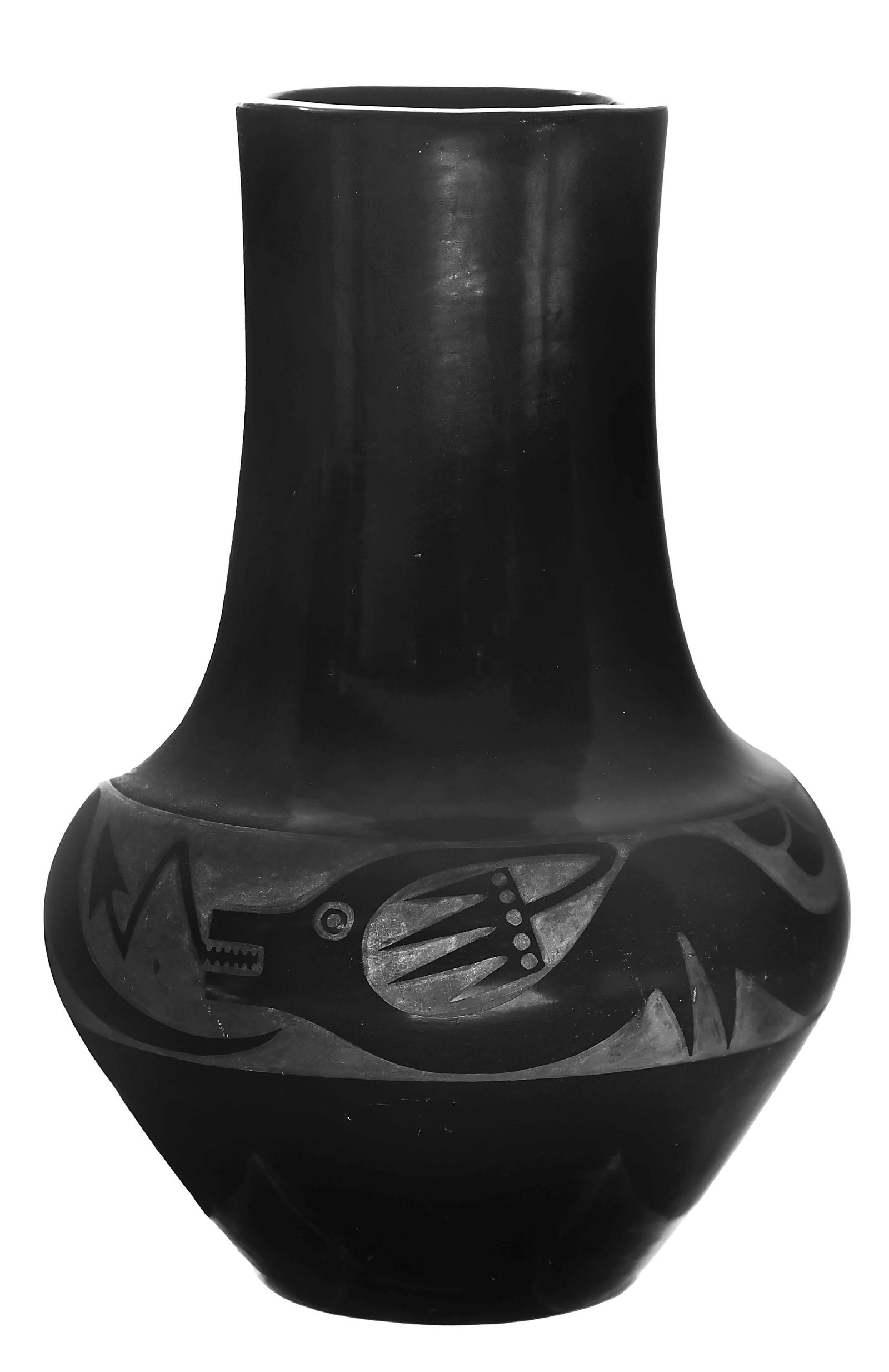 MARIA MARTINEZ (1887-1980) & POPOVI DA (1923-1971) SAN ILDEFONSO (P’OHWHOGEH) VASE: Mid-20th century. With a long neck surmounting a band containing Avanyu. Incised on base "Maria/Popovi", also uniquely incised on the side of jar "Maria/Popovi". 9" Dia. x 13-1/2" H. Condition: Some a