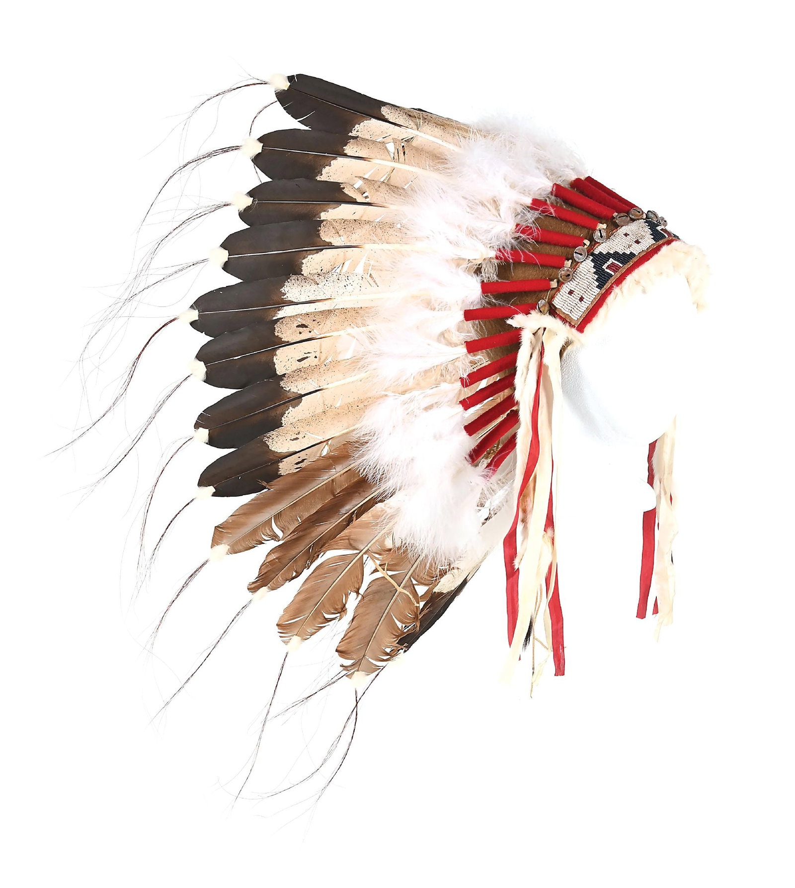 FEATHERED BONNET: Contemporary. With feathers emulating eagle feathers and a beaded band done with blue, white, and red beads, topped by brass bells and ermine and silk ribbon extensions extending from each side. Dimen