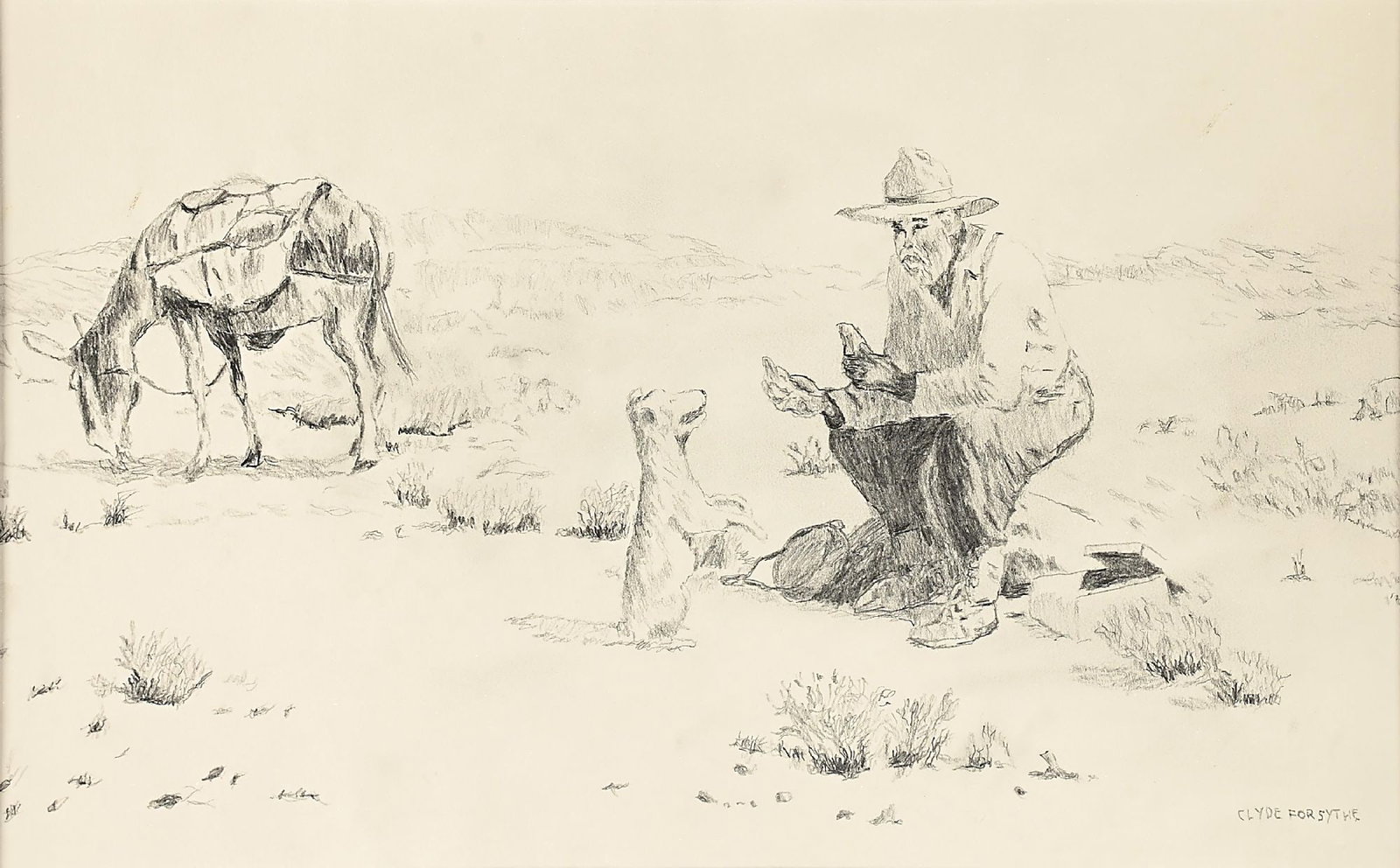 CLYDE FORSYTHE (1885-1962): pencil drawing sight: 20 x 12 in. framed: 31-1/4 x 24 in. Pencil drawing of a gold prospector, his dog, and pack mule. Professionally framed and double-matted under museum glass. Dimensions: Frame: 31
