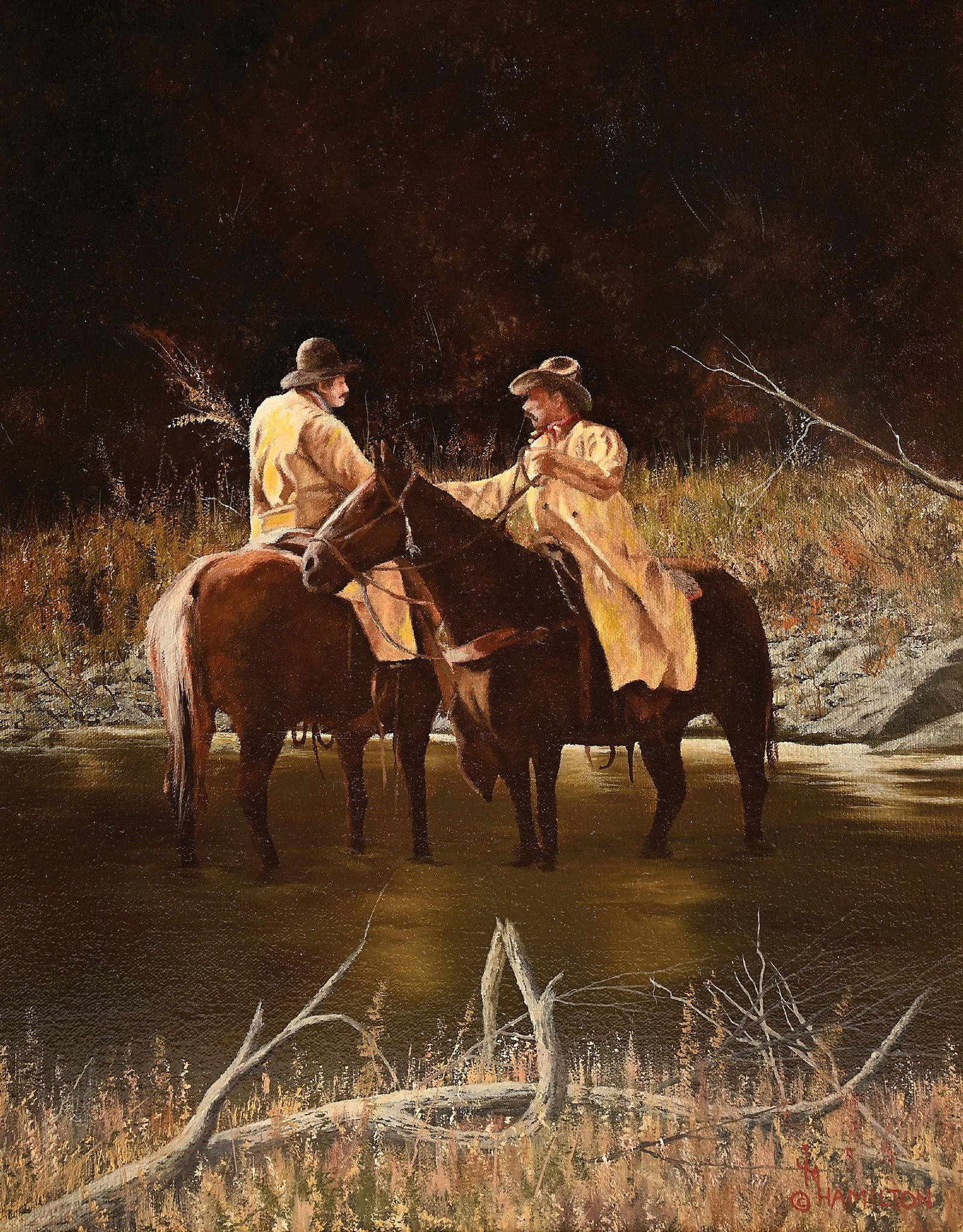 JAMES M. HAMILTON (1819-1878): Howdy Neighbor oil on canvas sight: 15 x 19 in. framed: 28 x 23-3/4 in. gold frame with gallery plaque Dimensions: Framed: 28" x 23 - 3/4".