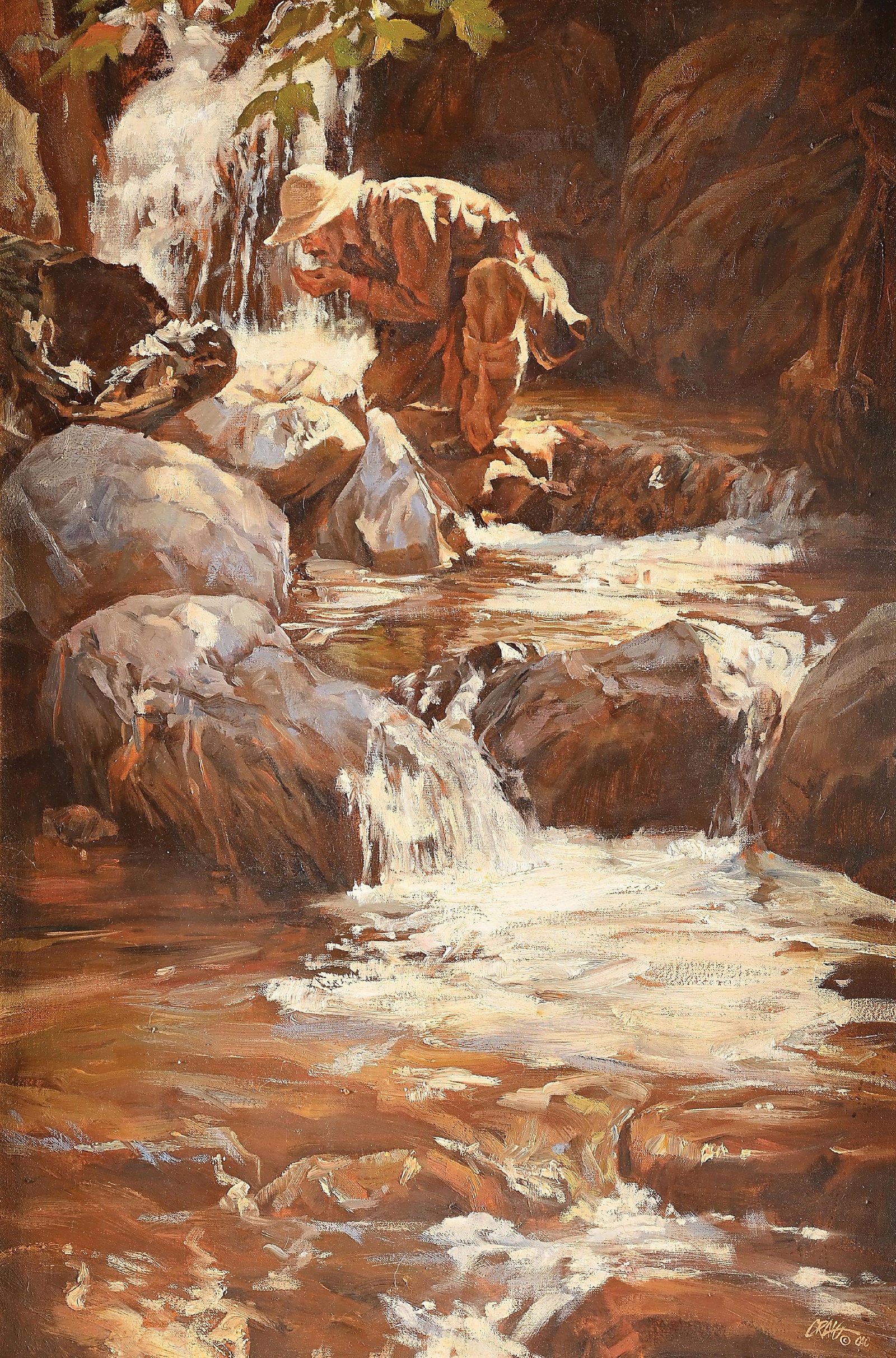 CRAIG NELSON (B. 1947): Cooling Off oil on canvas sight: 23-1/2 x 35-1/2 in. frame: 34 x 45-1/2 in. An early trapper in the middle of getting a drink of water from a fast-moving stream. This is not a standard shippable item