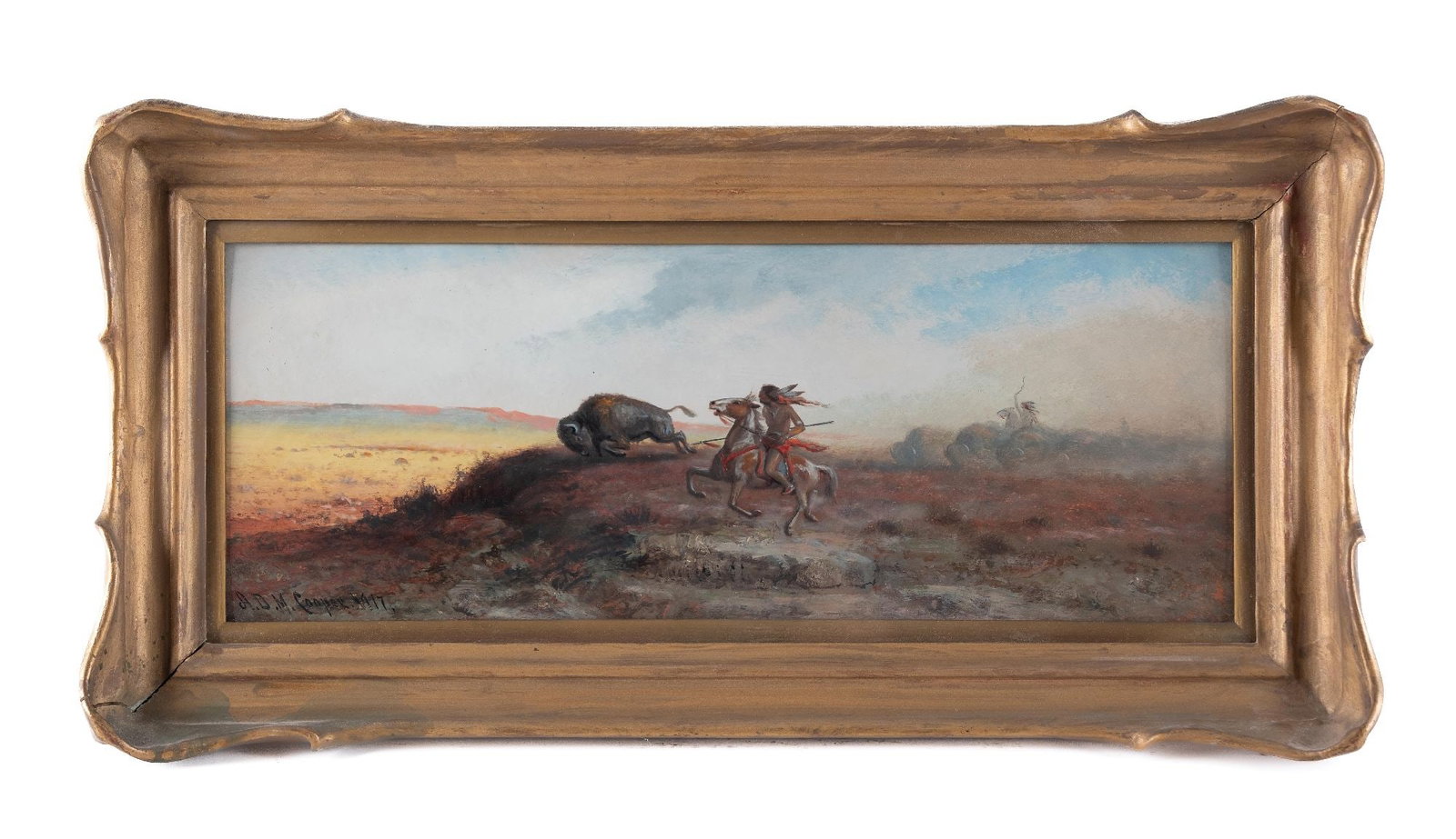 ASTLEY DAVID MONTAGUE COOPER (AMERICAN, 1856-1924): Plains Indians Hunting Bison oil on board 8-1/4 x 21-3/8 in. framed: 12-1/2 x 26 in. original period bat wing frame framed under glass signed and dated 1917 lower left Condition Excellent original con