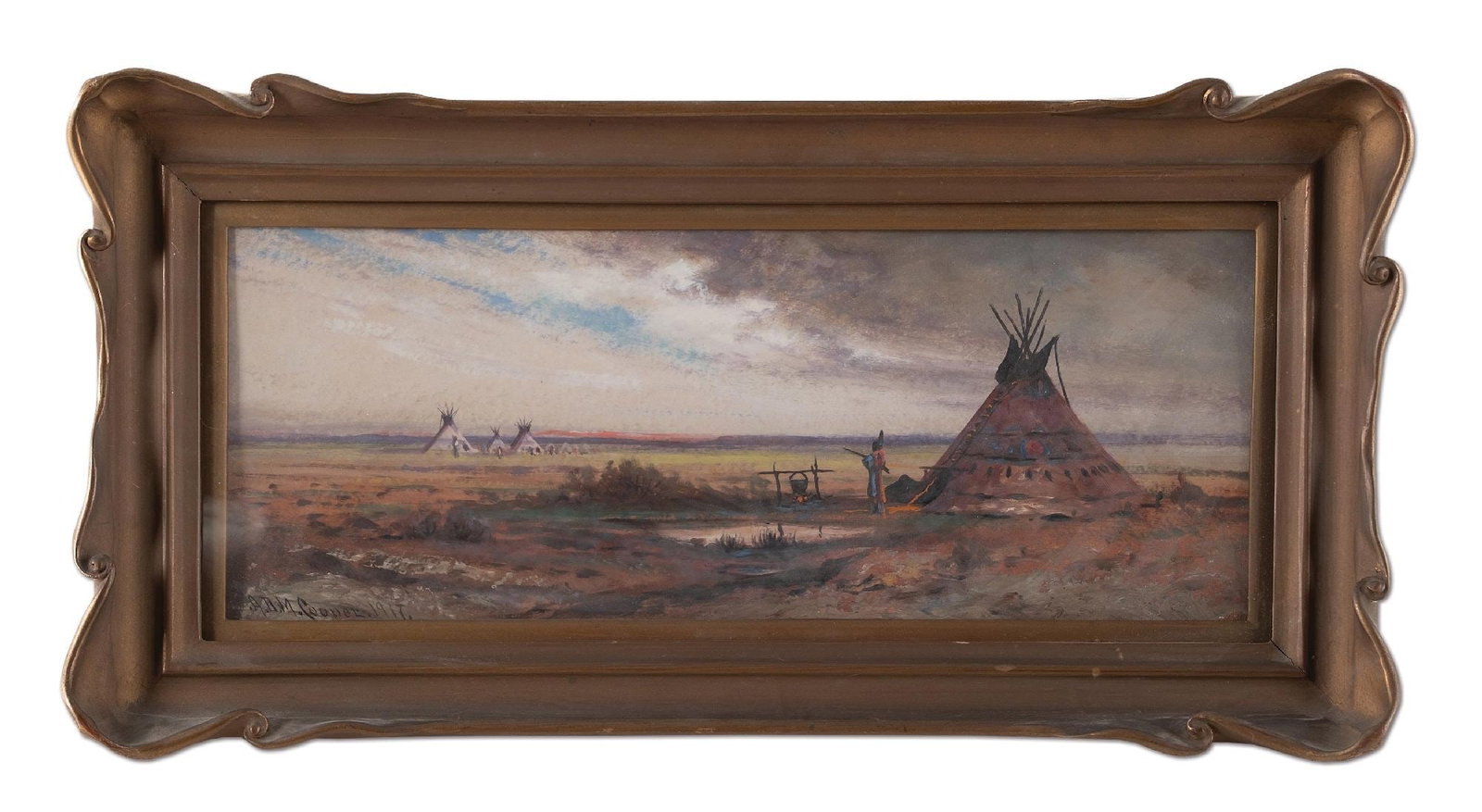 ASTLEY DAVID MONTAGUE COOPER (AMERICAN, 1856-1924): Sioux Camp, South Dakota gouache on artist board 8-1/4 x 21 in. framed: 9-3/8 x 22 in. signed and dated 1917 lower left titled on reverse Condition Good original condition. Dimensions: Frame: 9 - 3/8"