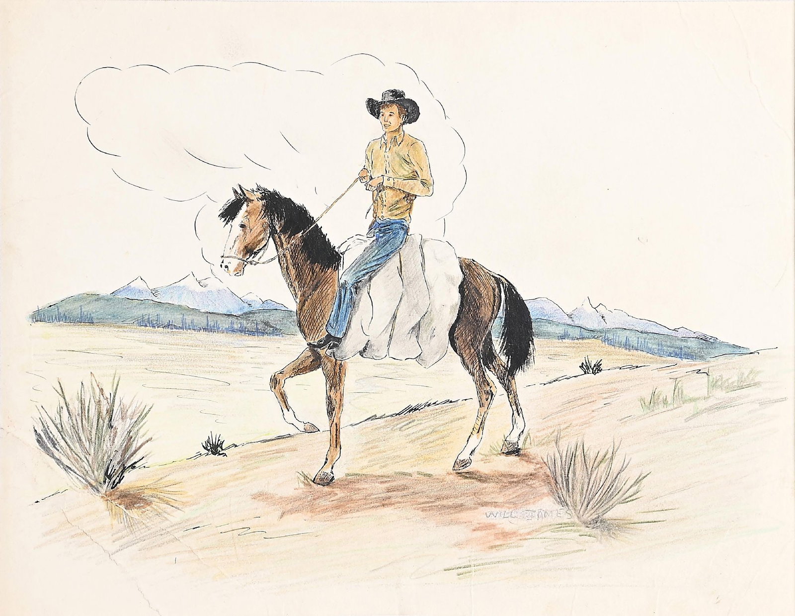 WILL RODERICK JAMES (1892-1942): mixed media sight: 11 x 8-1/2 in. framed: 20-1/2 x 16-1/2 in. Early mixed media (watercolor, pen, pencil, colored pencil) painting of a cowboy riding a horse. Professionally framed and double-matted u