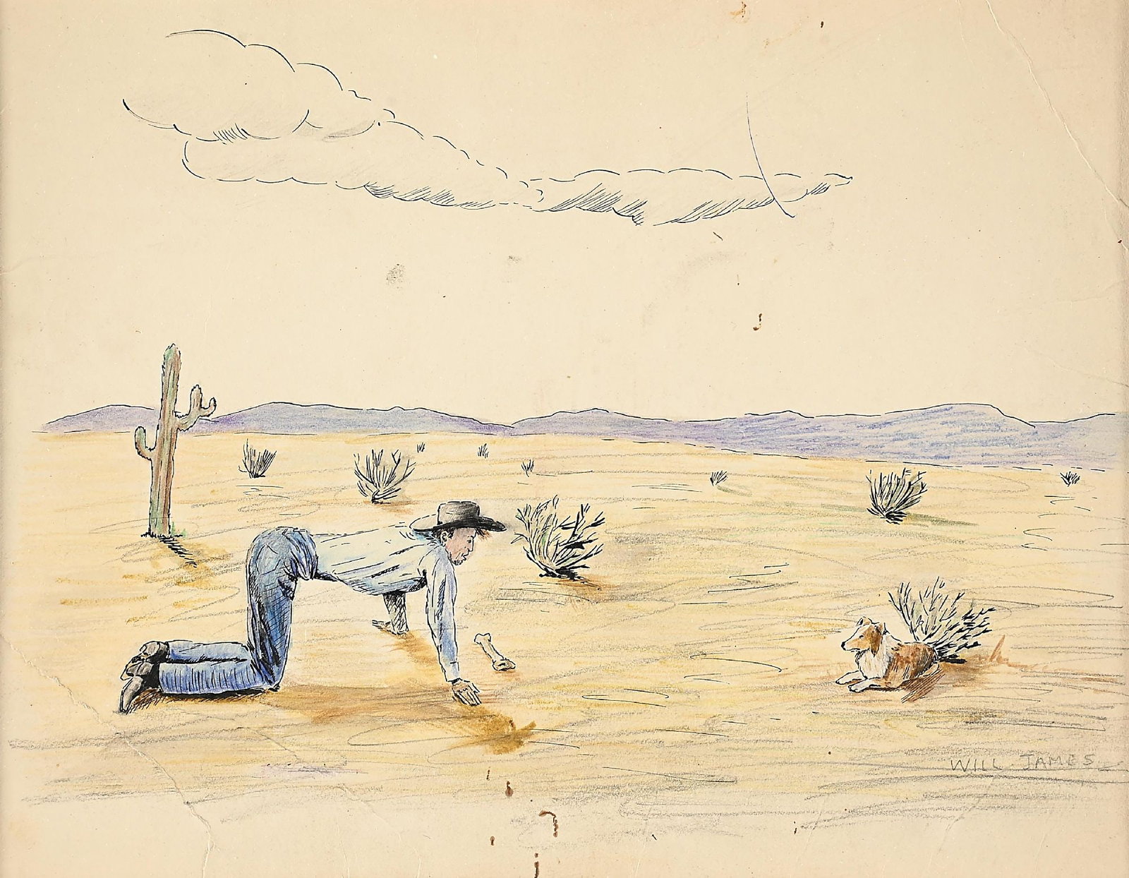 WILL RODERICK JAMES (1892-1942): mixed media sight: 11 x 8-1/2 in. framed: 20-1/2 x 16-1/2 in. Early mixed media (watercolor, pen, pencil, colored pencil) painting of a cowboy and dog. Professionally framed and double-matted under mu