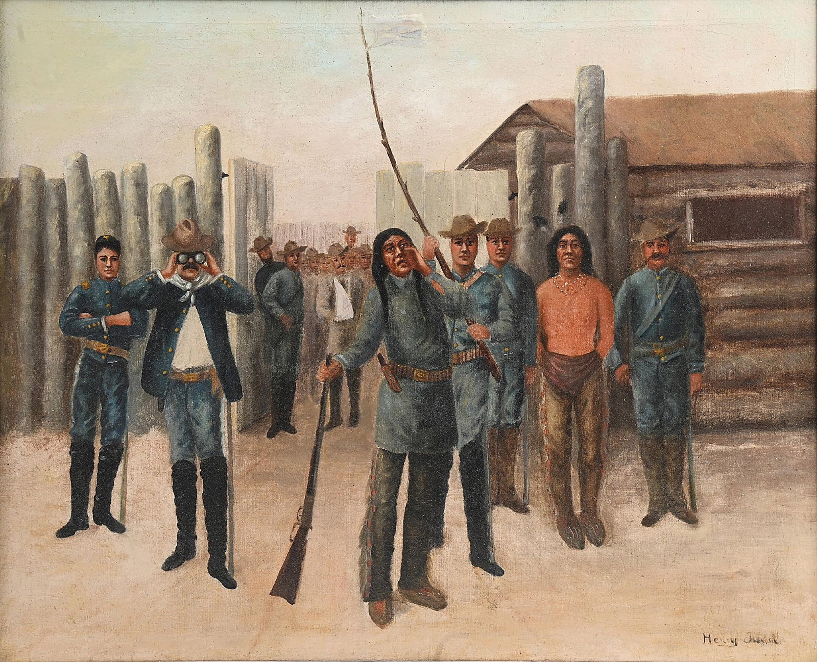 AN EARLY WESTERN PAINTING: oil on canvas sight: 38-1/2 x 31-1/4 in. Framed to 43-3/4 x 36-3/4 in. illegible signature lower-right corner Depicting the US Cavalry making a prisoner swap in front of their stockade. Condition With