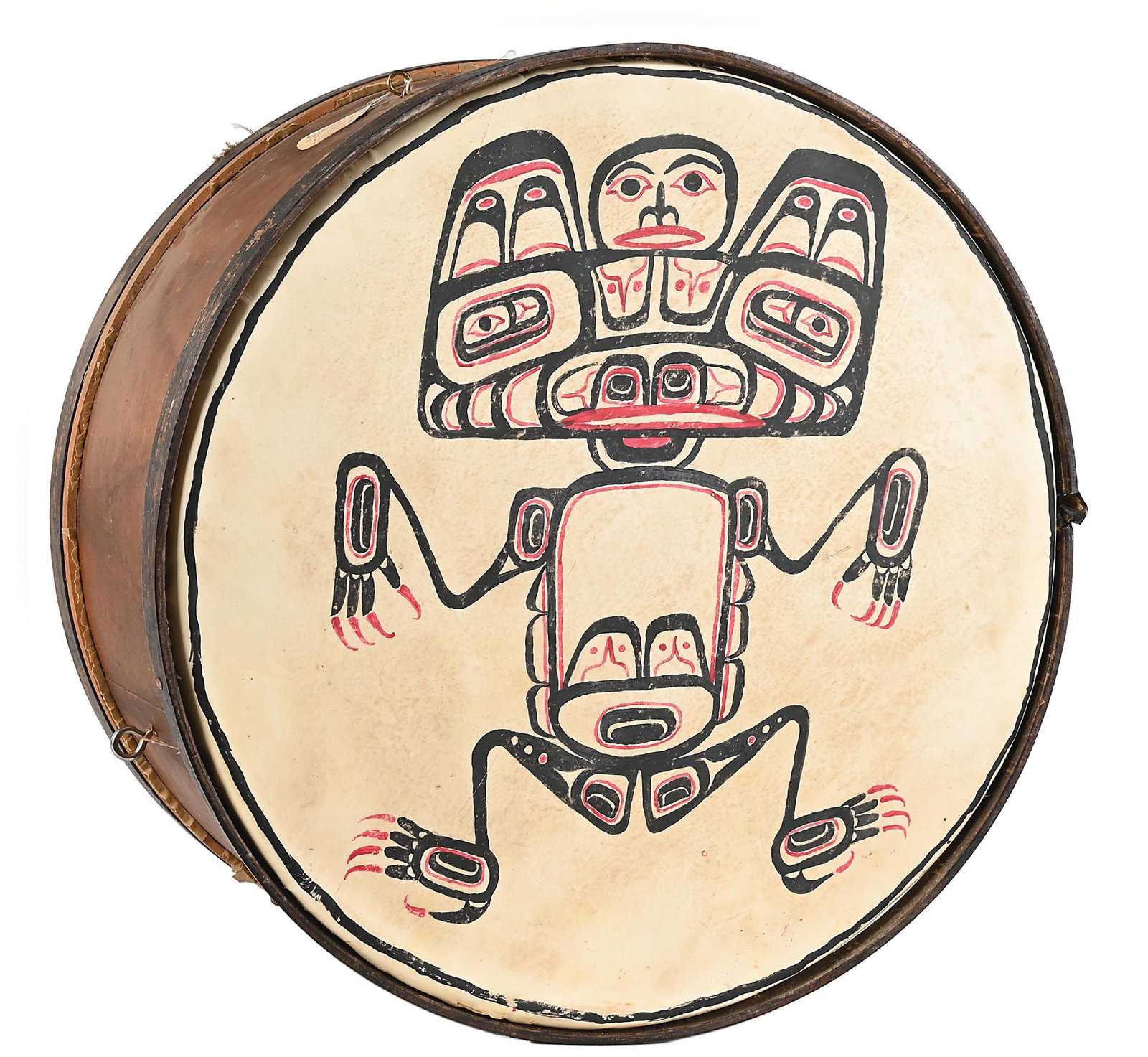 NORTHWEST COAST DRUM: Commercially-produced drum with a Northwest Coast painted design on the face. This is not a standard shippable item and will require 3rd party shipping or pickup arrangements to be made. Dimensions: 3