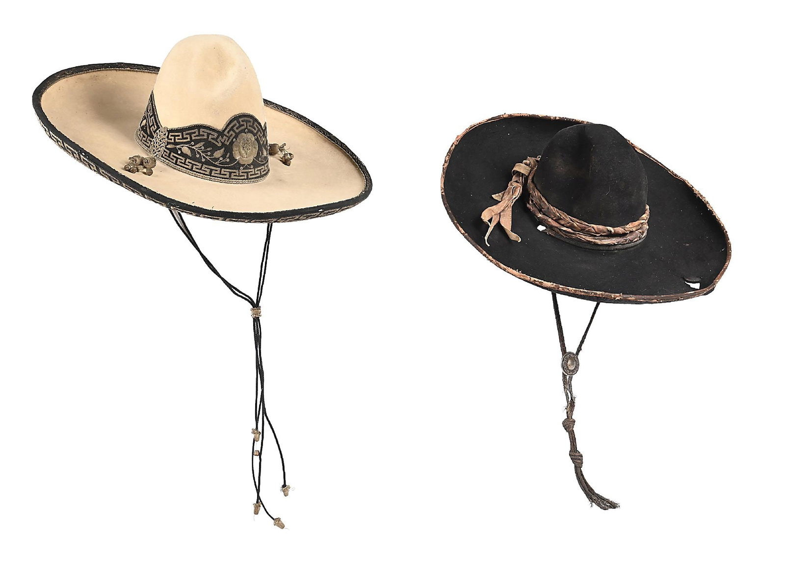 LOT OF 2: MEXICAN SOMBREROS: Lot consists of: (A) High quality, cream colored felt hat. Features fine silver thread in Aztec patterns and flowers on a black wool background. 4 black twisted silk chin cords adorned with gold bulli