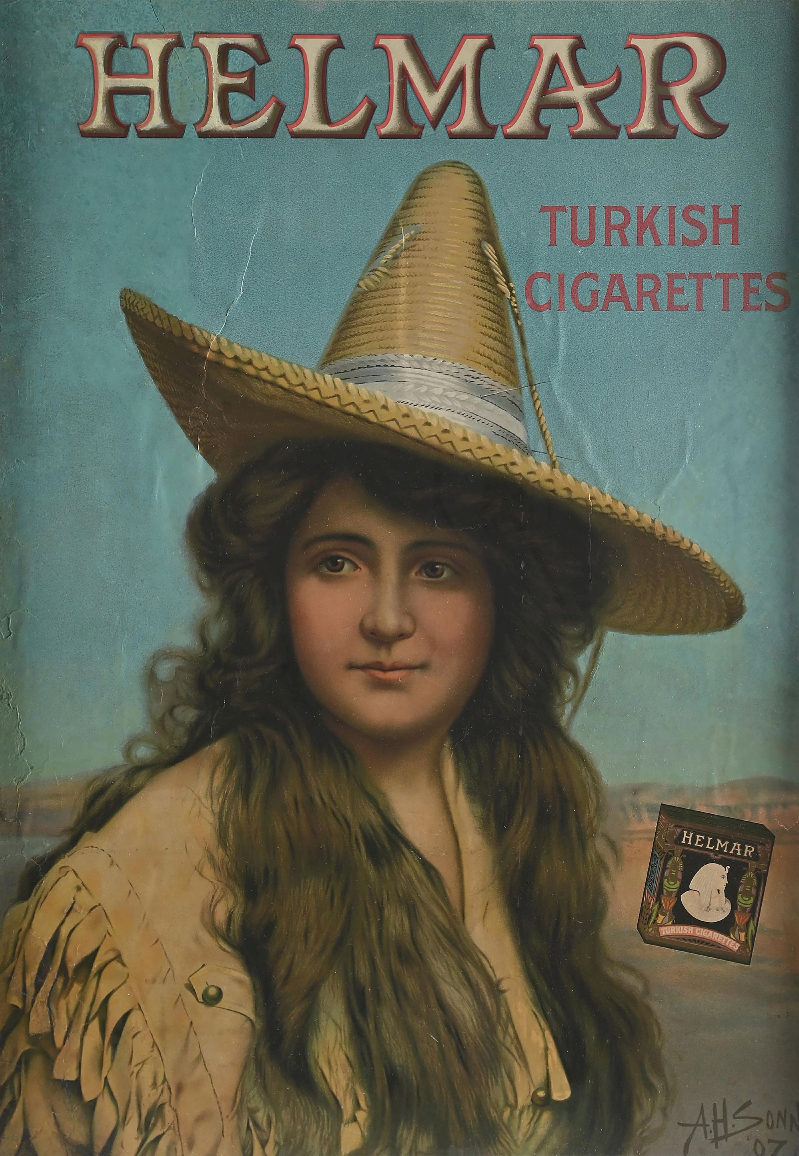 HELMAR TURKISH CIGARETTES AMERICAN COWGIRL LITHO ADVERTISING SIGN: This famous turn of the century tobacco company stone lithograph features the Helmar American Cowgirl in stunning color and is dated 1907. Image measures approximately 16 x 27". The original quarter s