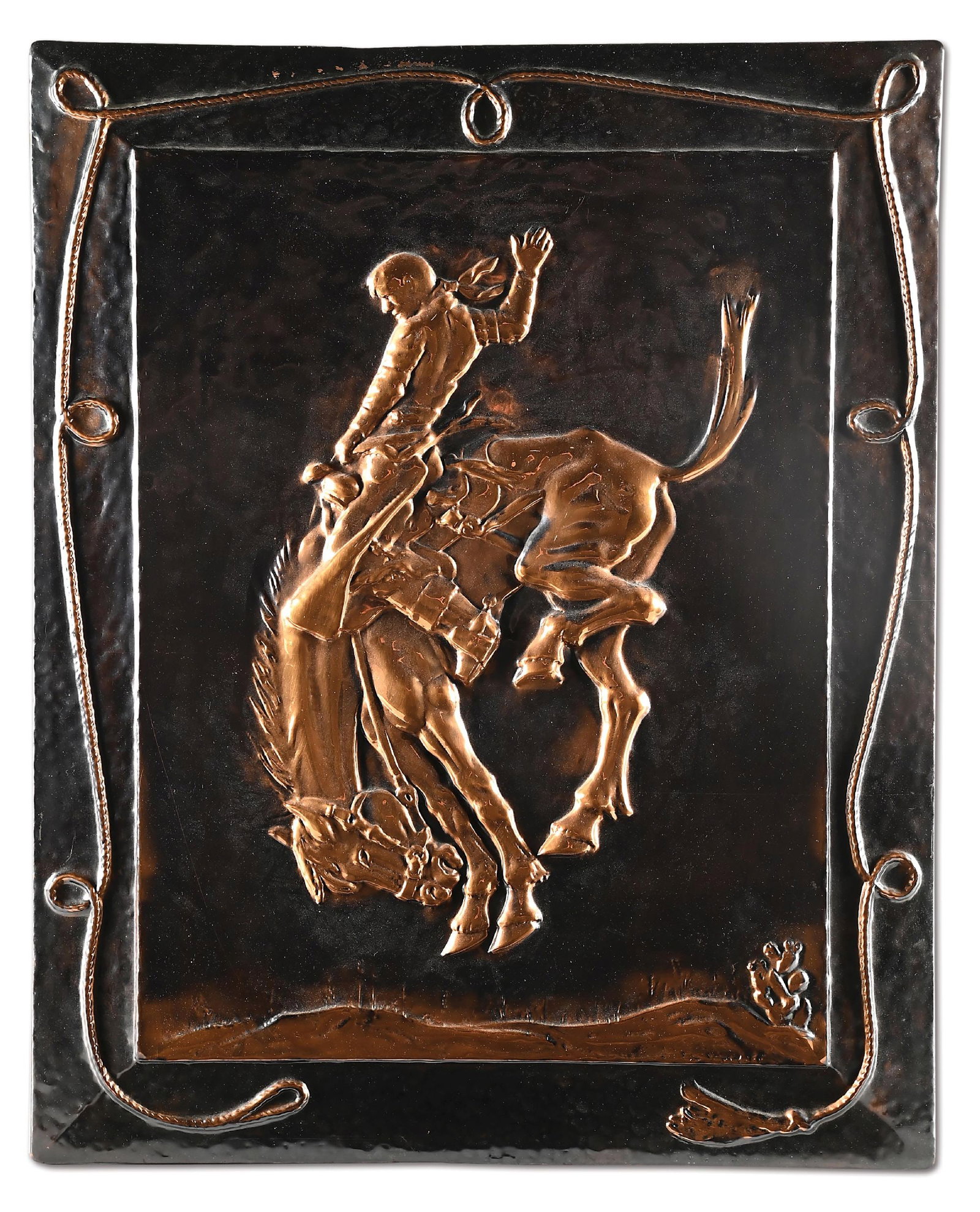 DUAL TONE FINISHED REPOUSSE COPPER "BUCKING HORSE" WALL ART PLAQUE (1 of 3)