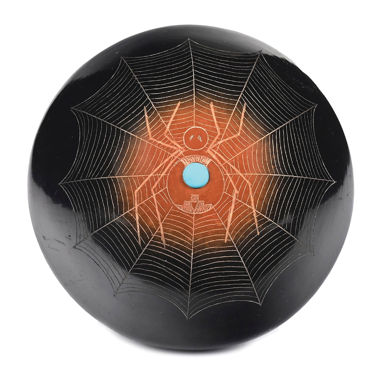 BARBARA GONZALES (TAN MOO-WHE, B. 1947) SAN ILDEFONSO (P’OHWHOGEH) BROWN & BLACKWARE SEED POT: Contemporary. With a spider in the center of a spiderweb and a solitary turquoise cabochon. Incised on base "Tan Moo-Whe". 2-3/4" Dia. x 2" H. Condition: Excellent. Dimensions: 2 - 3/4" Dia. x 2" T.