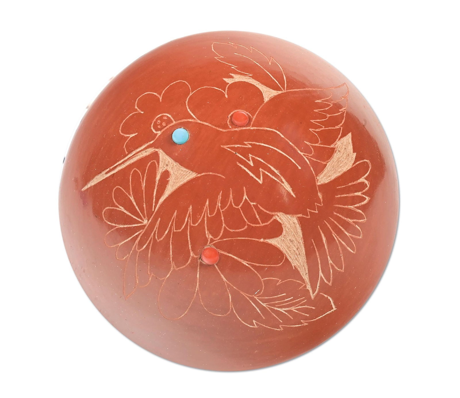 BARBARA GONZALES (TAN MOO-WHE, B. 1947) SAN ILDEFONSO (P’OHWHOGEH) BROWNWARE SEED JAR: Contemporary. With a hummingbird amongst floral design, highlighted by two coral and one turquoise cabochons. Extending up from the bottom, a spider with a turquoise cabochon. Incised on base "Tan Moo