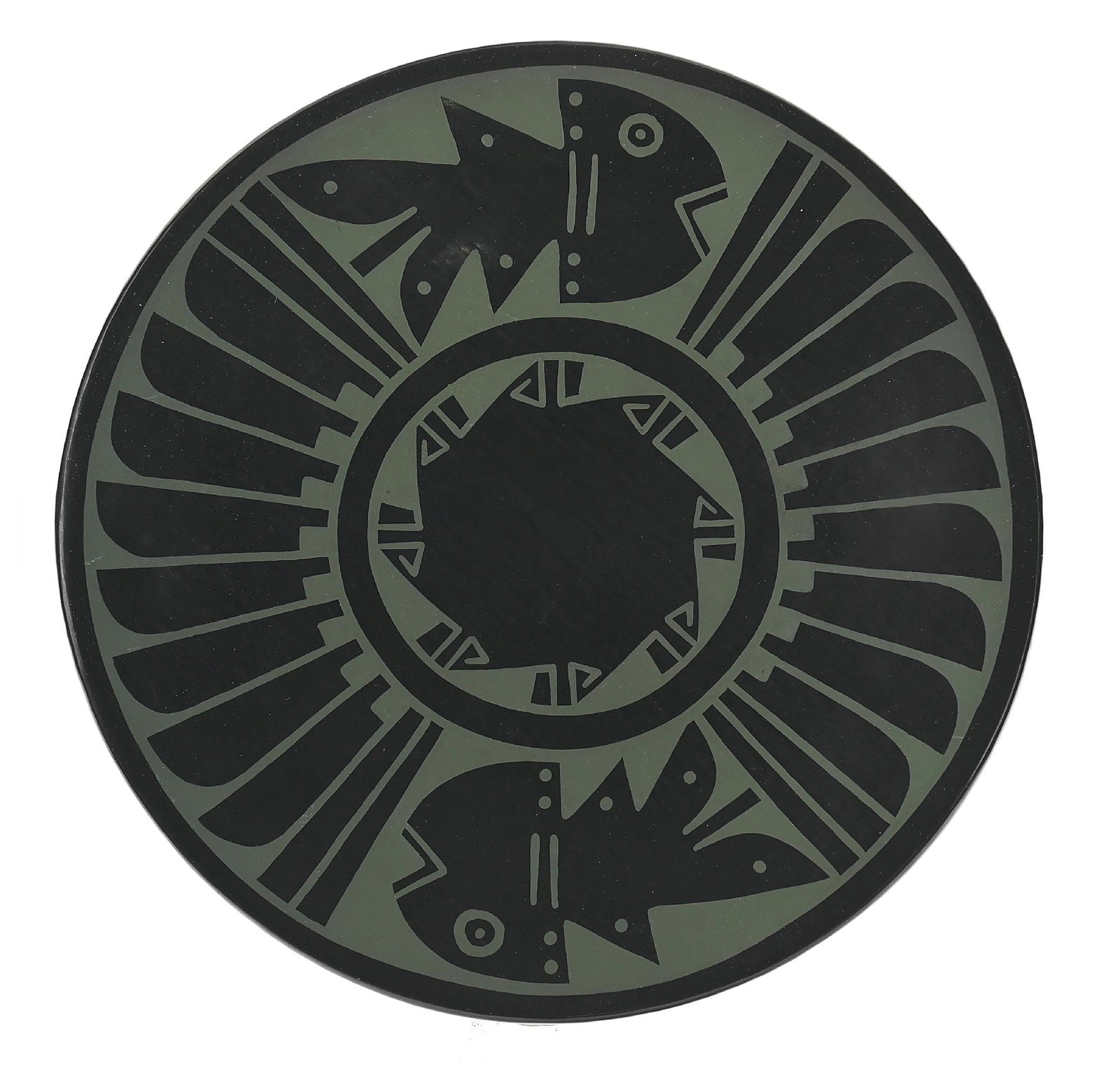 ERIK FENDER (THAN TSIDE'H, B. 1970) SAN ILDEFONSO (P’OHWHOGEH) POTTERY PLATE: Contemporary. The pottery plate is painted on both sides. Front side has traditional feather pattern, broken by a reflective fish design. On reverse side, formed by green paint, an Avanyu, and a band 