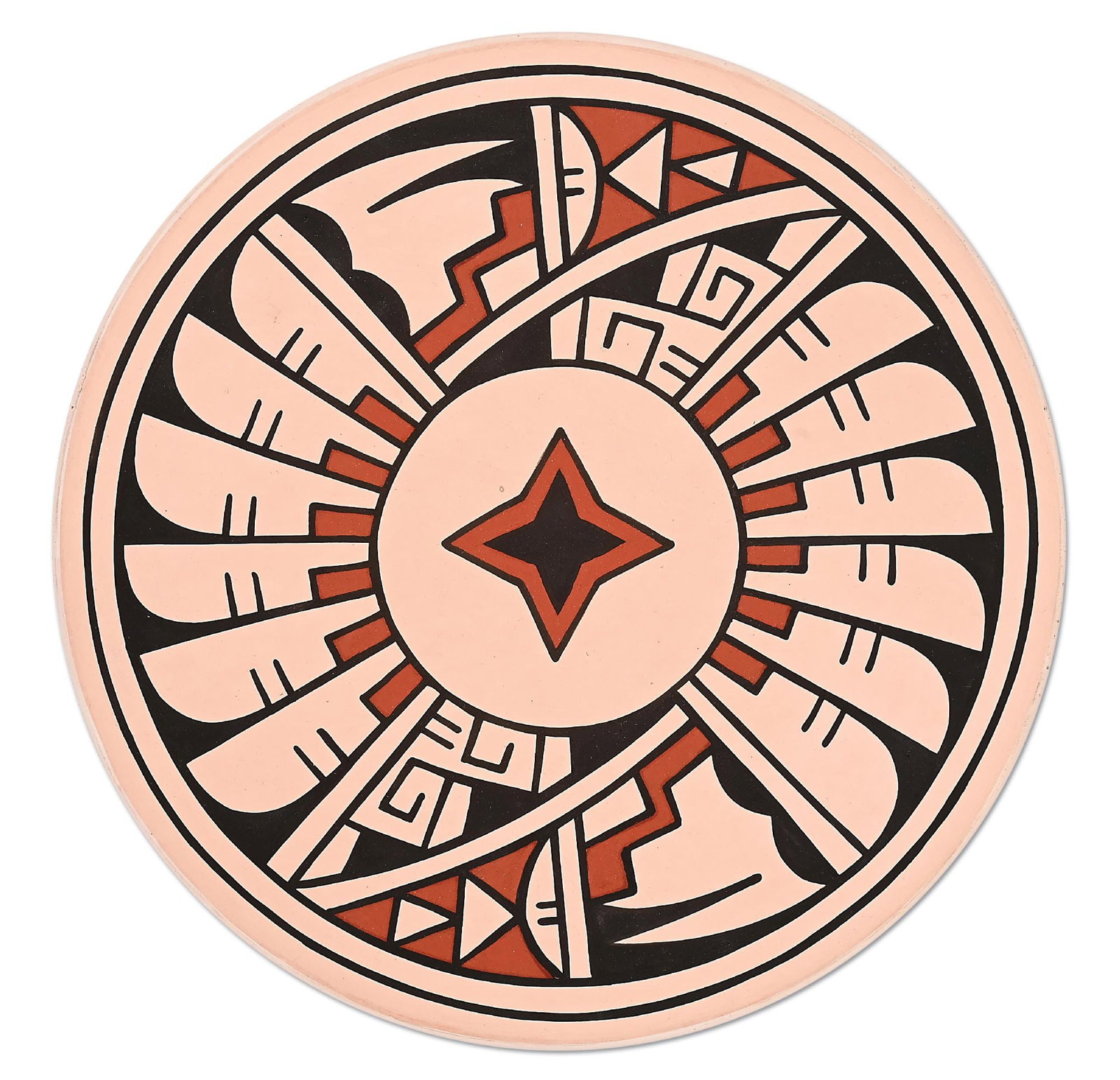 ERIK FENDER (THAN TSIDE'H, B. 1970) SAN ILDEFONSO (P’OHWHOGEH) POLYCHROME PLATE: Contemporary. Front of the plate has a feather design, interrupted by geometric patterns surrounding a four-point star. On the reverse, an Avanyu. Incised "Than Tside'h". 10" Dia. x 2" H. Condition: E