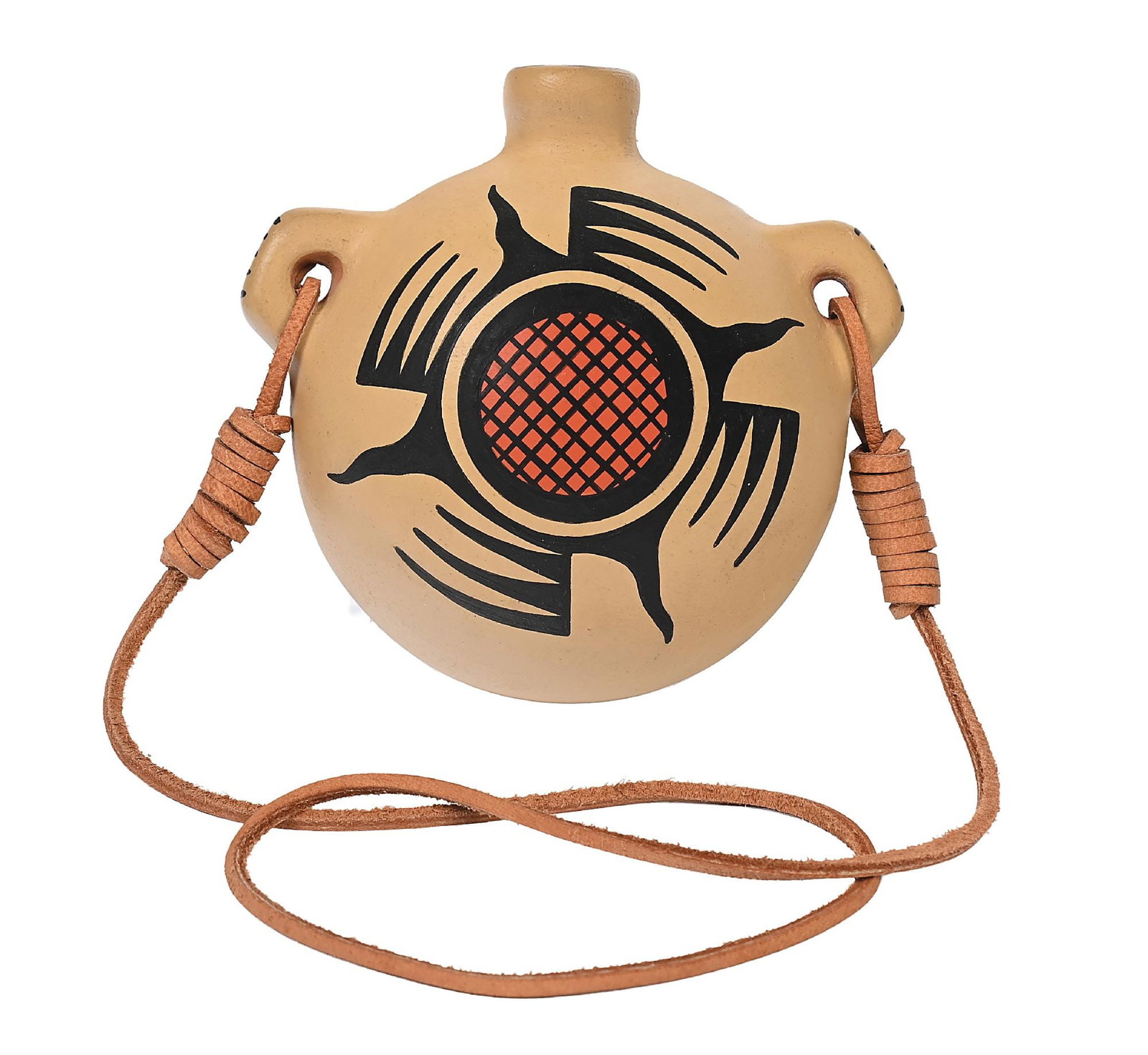 CAVAN GONZALES (TSE-WHANG, B. 1970) SAN ILDEFONSO (P’OHWHOGEH) POLYCHROME CANTEEN: Contemporary. With a swirling geometric pattern covering the body. Leather strap connecting each handle. Signed on base "Cavan Gonzales 'Eagle Tail'" and a polliwog. 6" Dia. x 3" H. Condition: Excelle